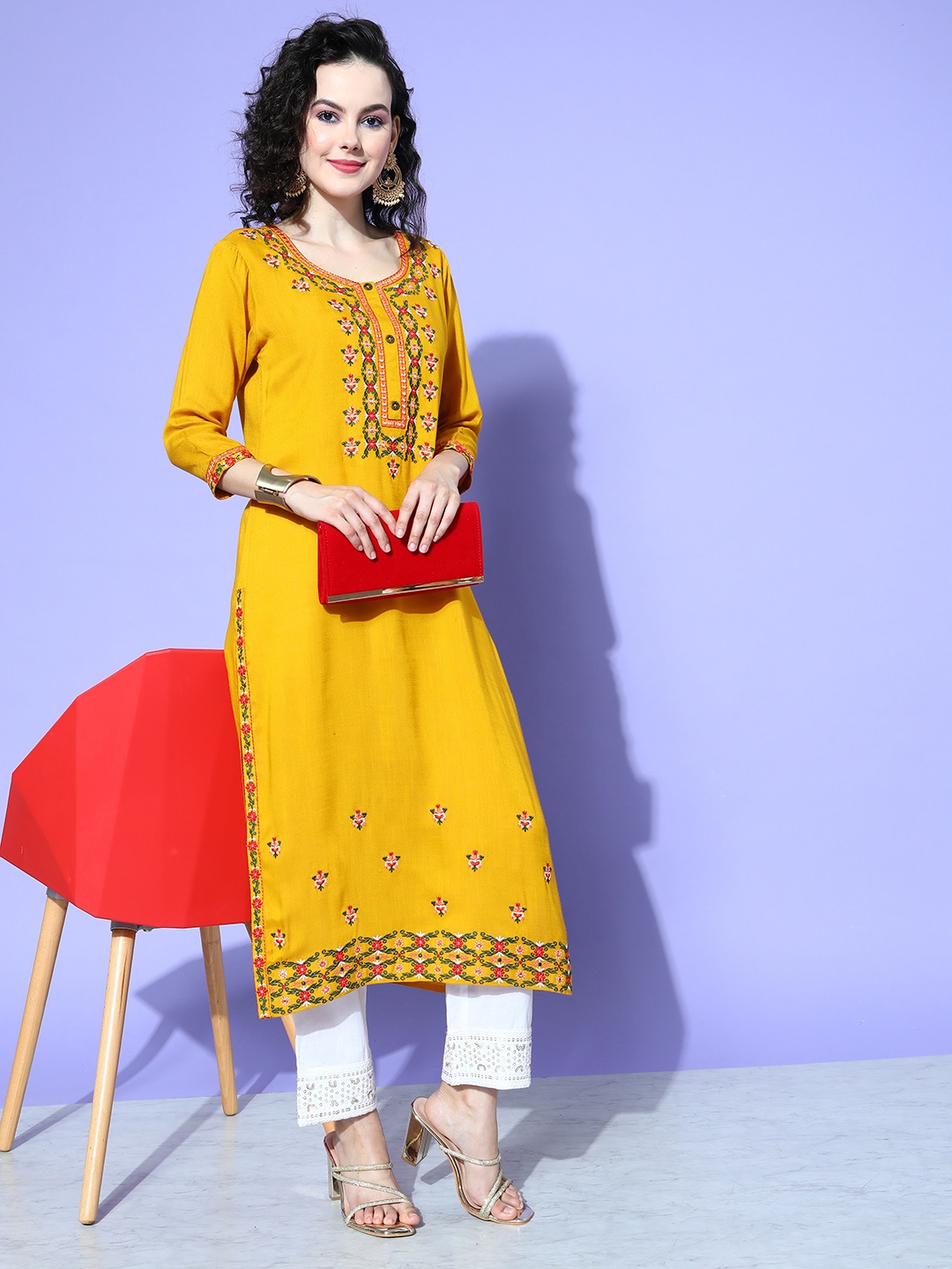 

all about you Ethnic Motifs Yoke Design Regular Liva Kurta with Trousers, Mustard