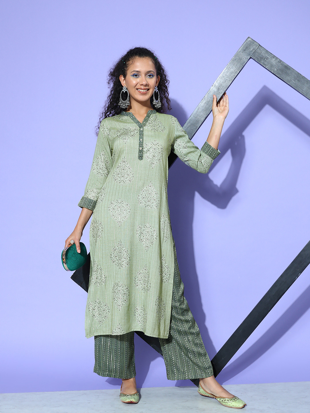 

all about you Women Green Floral Printed Regular Gotta Patti Liva Kurta with Palazzos