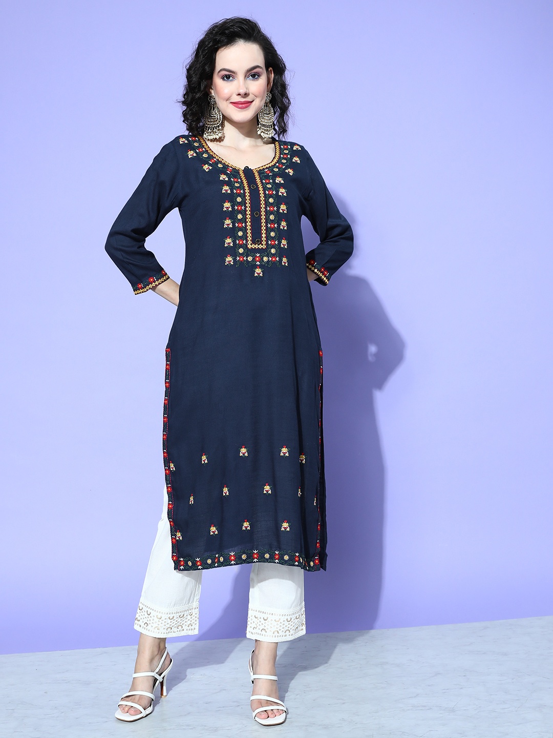 all about you Women Blue Embroidered Regular Mirror Work Liva Kurta with Trousers