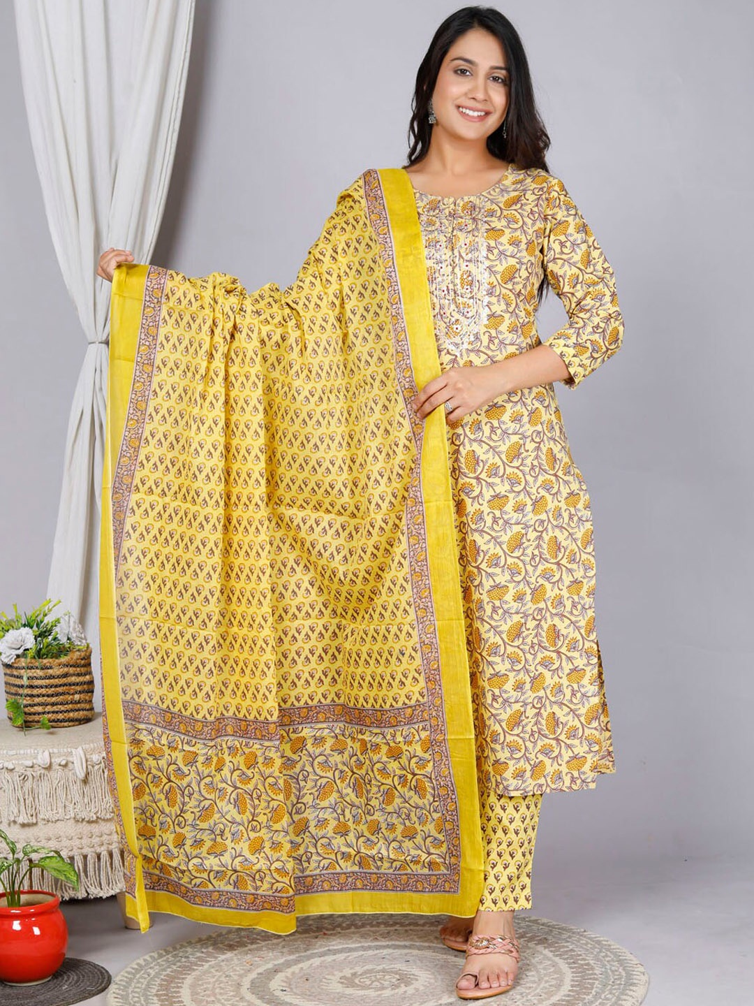 

gvs shoppe Floral Printed Thread Work Pure Cotton Kurta with Trousers & Dupatta, Yellow