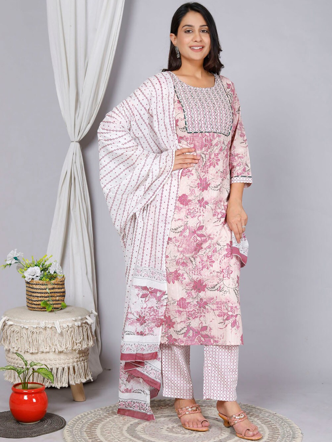 

gvs shoppe Floral Printed Sequined Pure Cotton Kurta with Trousers & Dupatta, Pink