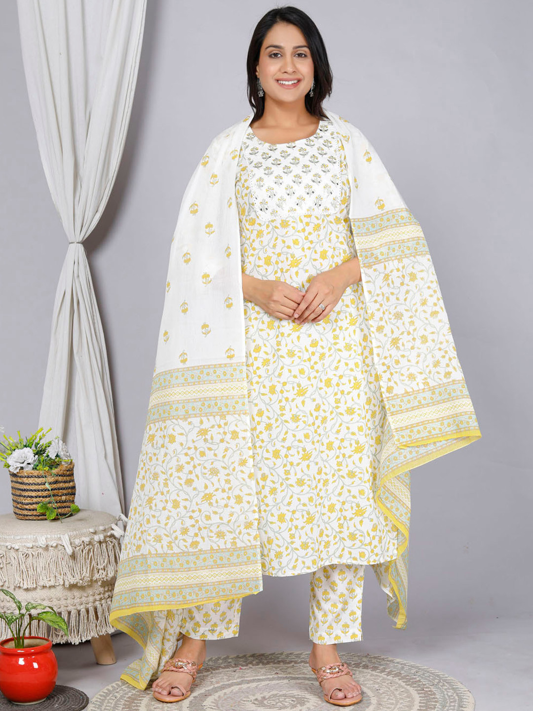 

gvs shoppe Floral Printed Mirror Work Pure Cotton Kurta with Trousers & Dupatta, White