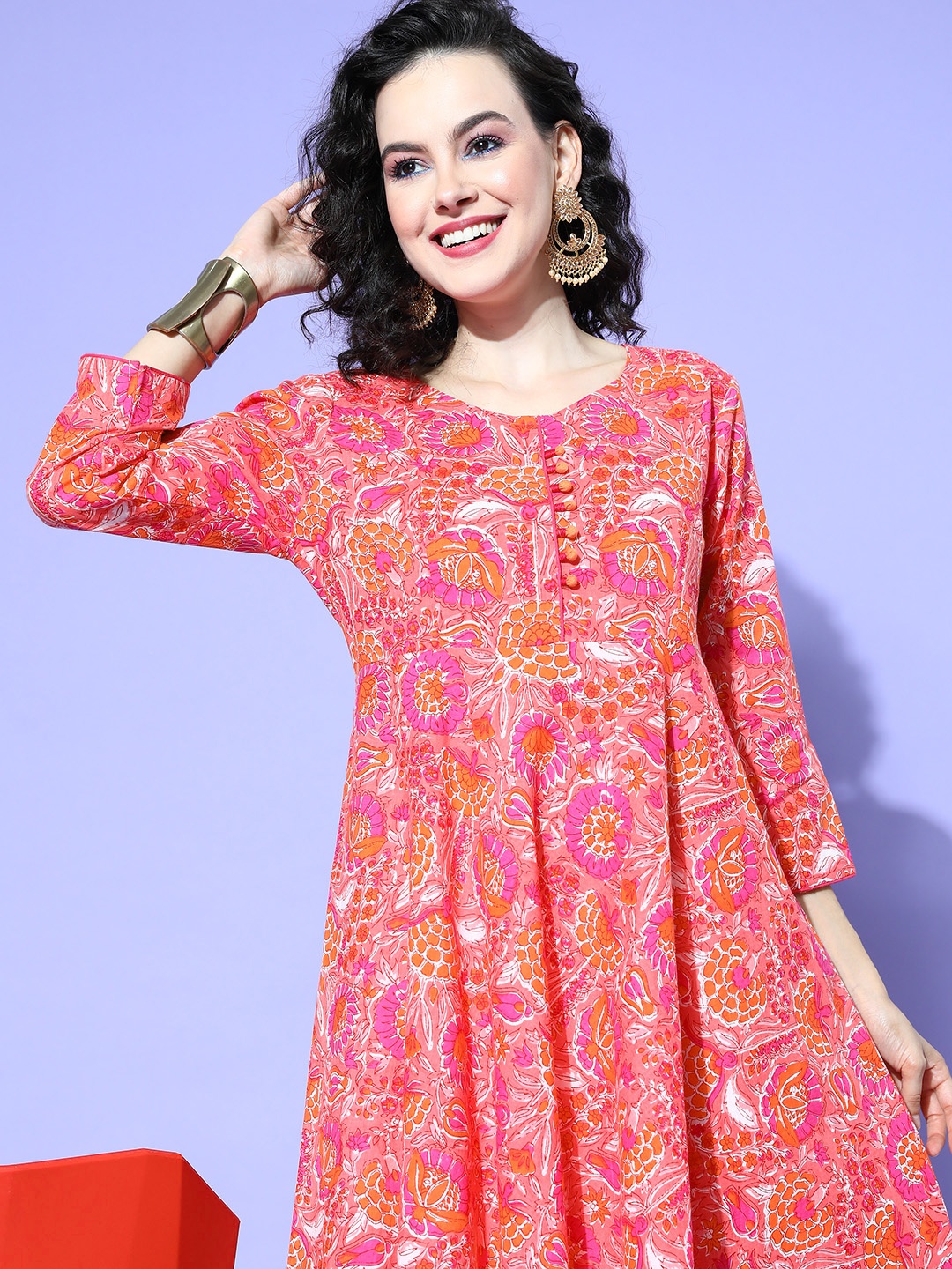 

all about you Women Floral Printed Anarkali Kurta, Pink