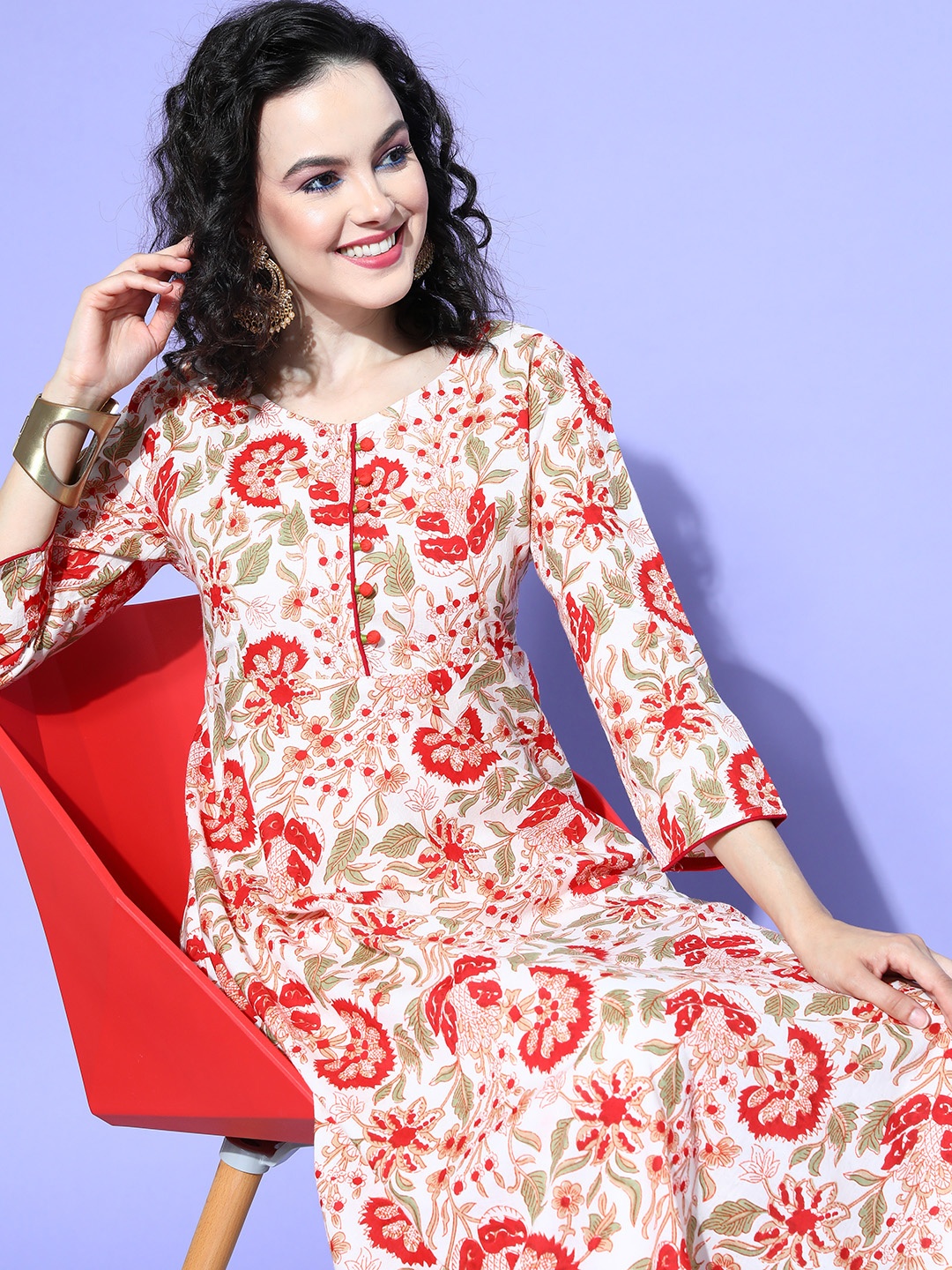 

all about you Women Floral Printed Anarkali Kurta, White