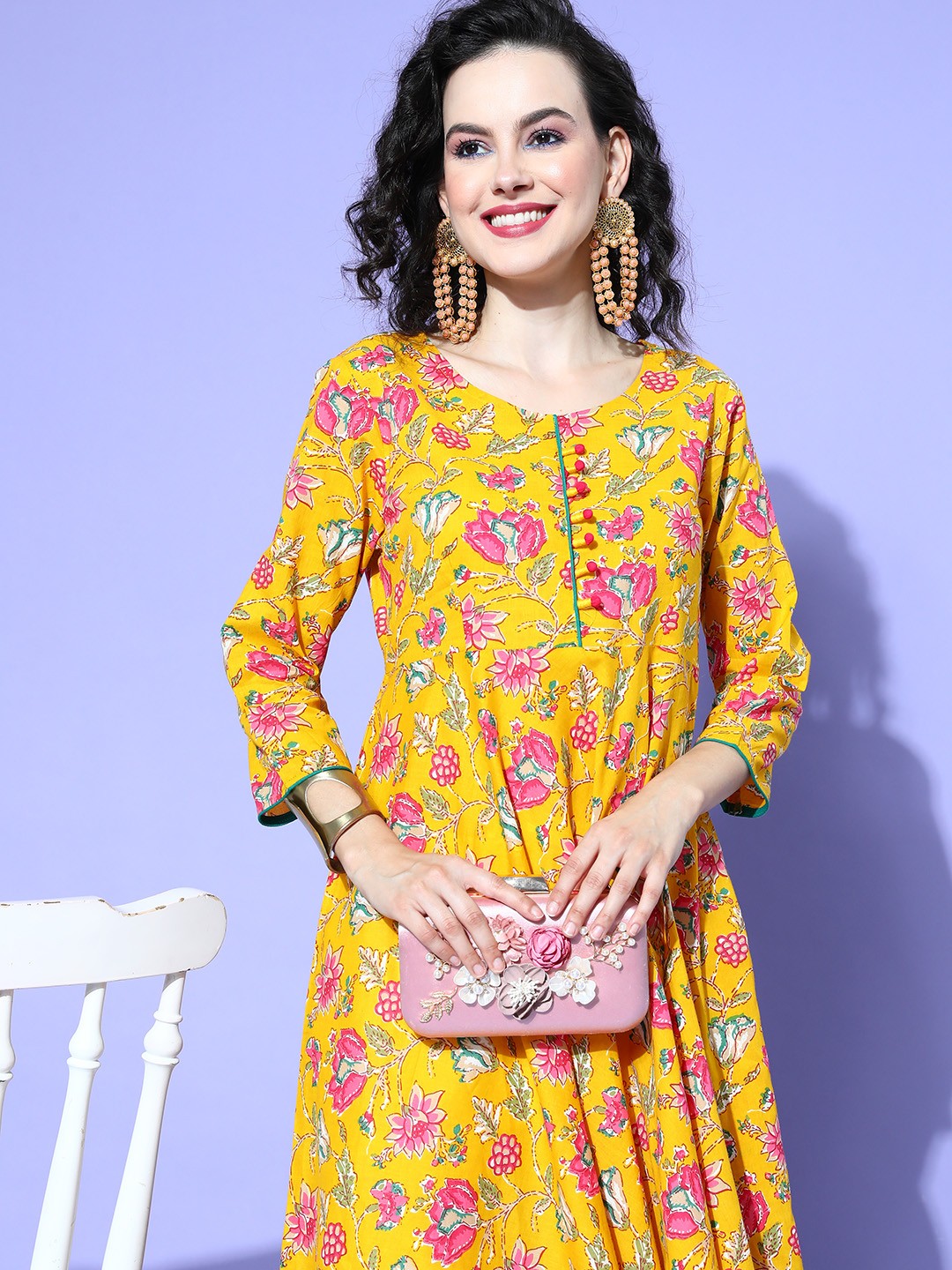 

all about you Floral Printed Cotton Anarkali Kurta, Yellow