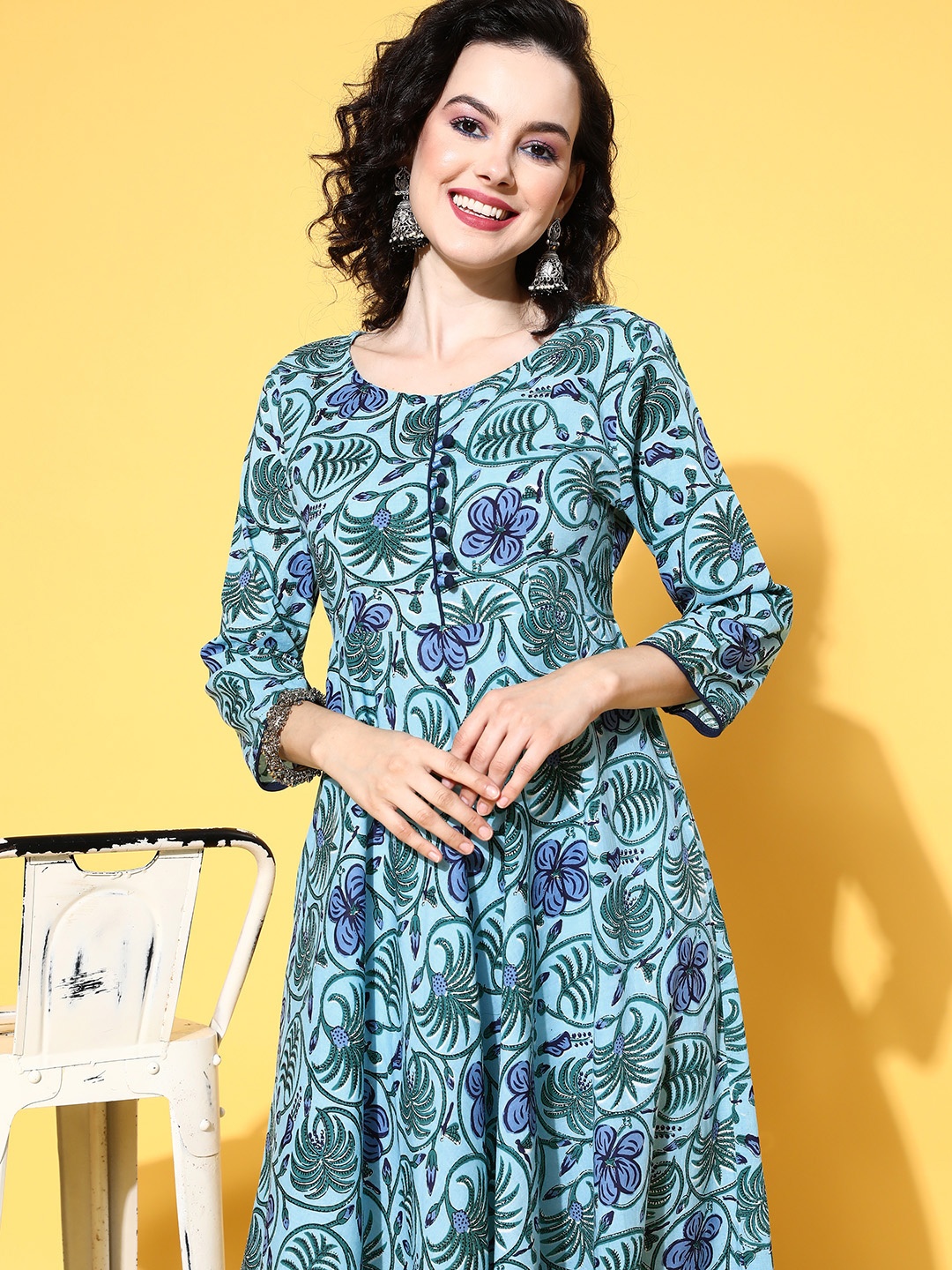 

all about you Floral Printed Cotton Anarkali Kurta, Turquoise blue