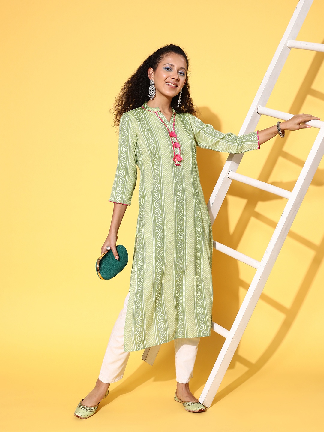 

all about you Bandhani Printed Gotta Patti Kurta, Green