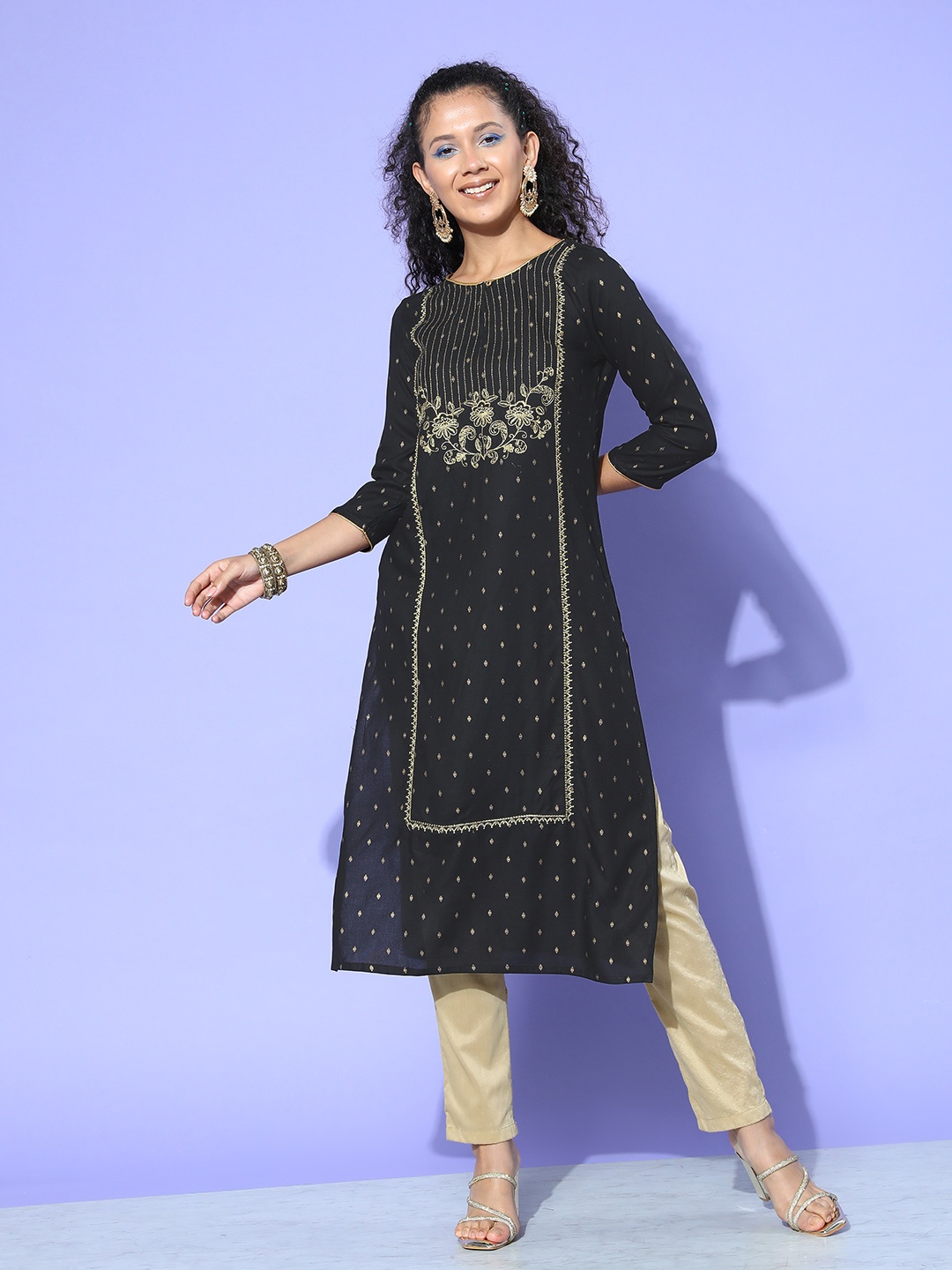 

all about you Women Floral Printed Liva Kurta, Black