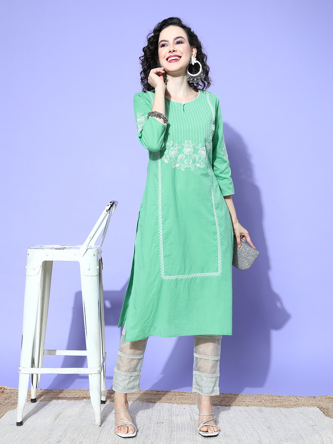 

all about you Women Floral Embroidered Kurta, Green