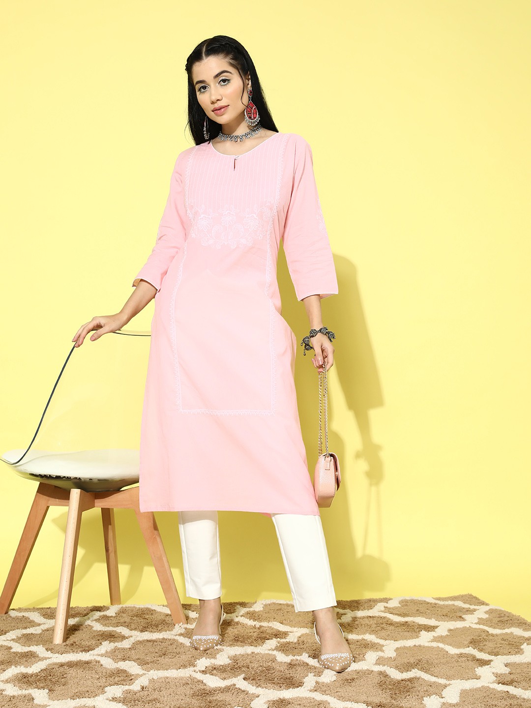 

all about you Women Floral Embroidered Kurta, Pink