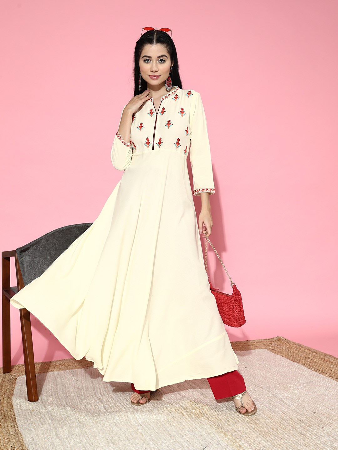 

all about you Women Grey Ethnic Motifs Embroidered Tiering Anarkali Kurta