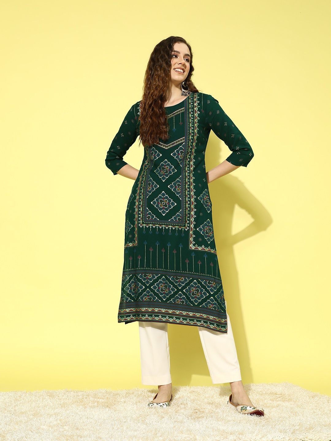 

all about you Women Olive Green & Blue Ethnic Motifs Printed Kurta