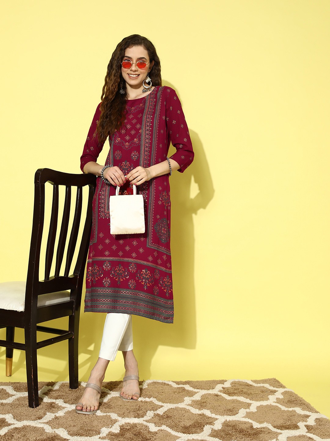 

all about you Women Maroon & Green Ethnic Motifs Printed Kurta