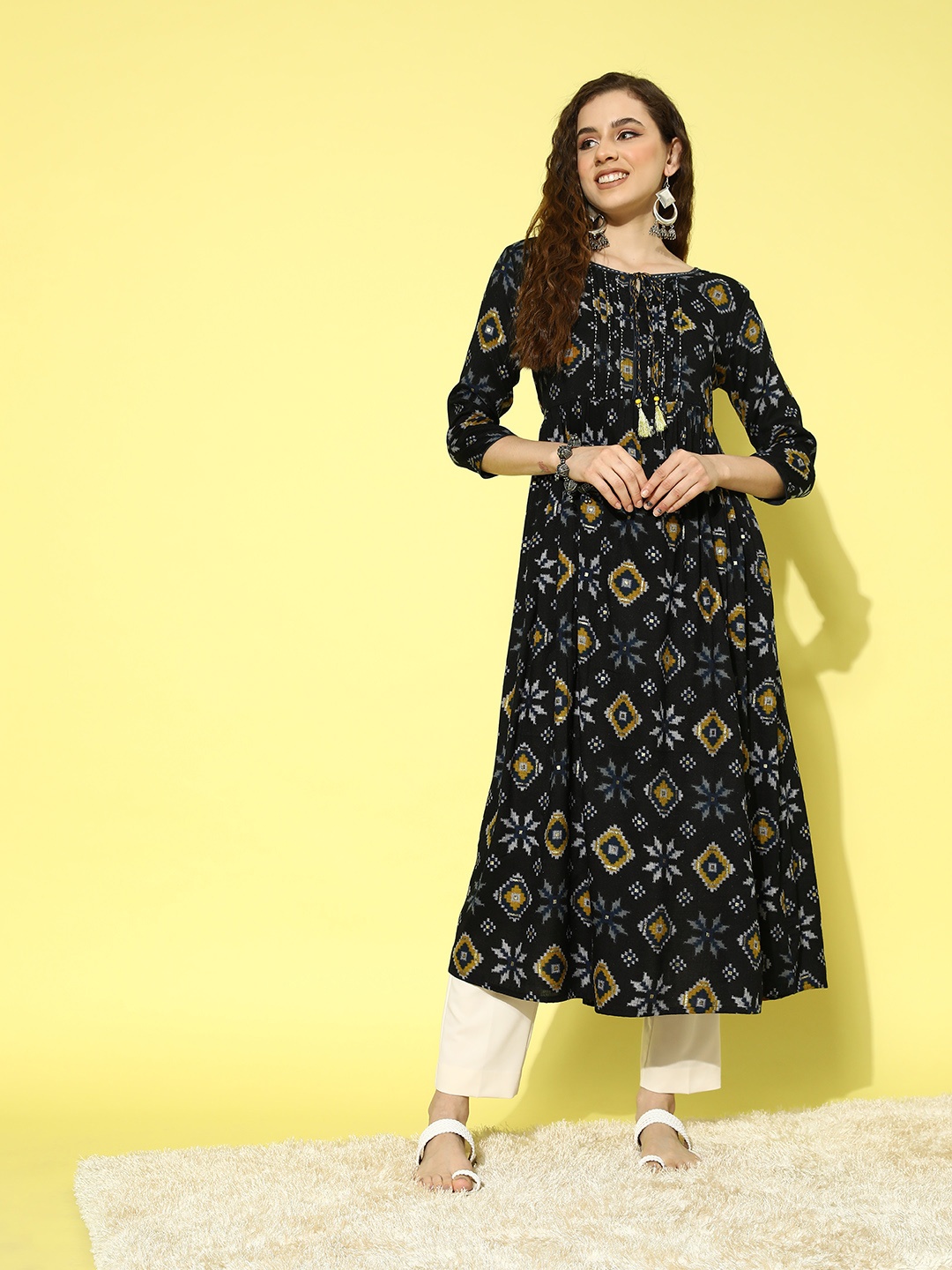 

all about you Women Black & Yellow Printed Thread Work Tiering Liva Anarkali Kurta