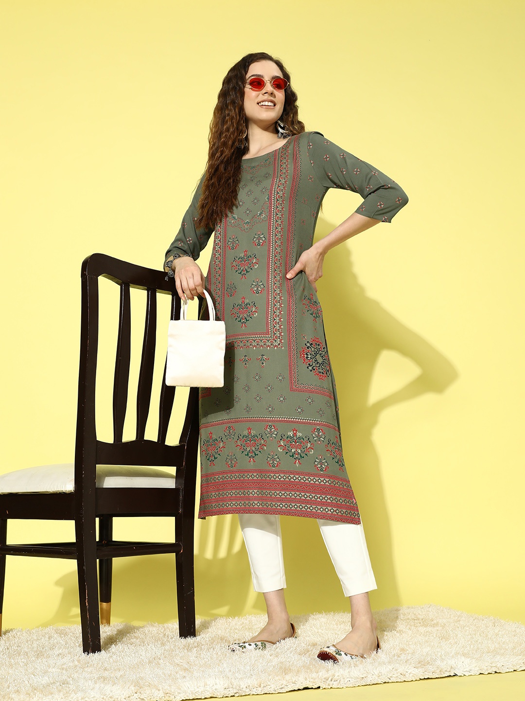 

all about you Women Green & Pink Ethnic Motifs Printed Kurta