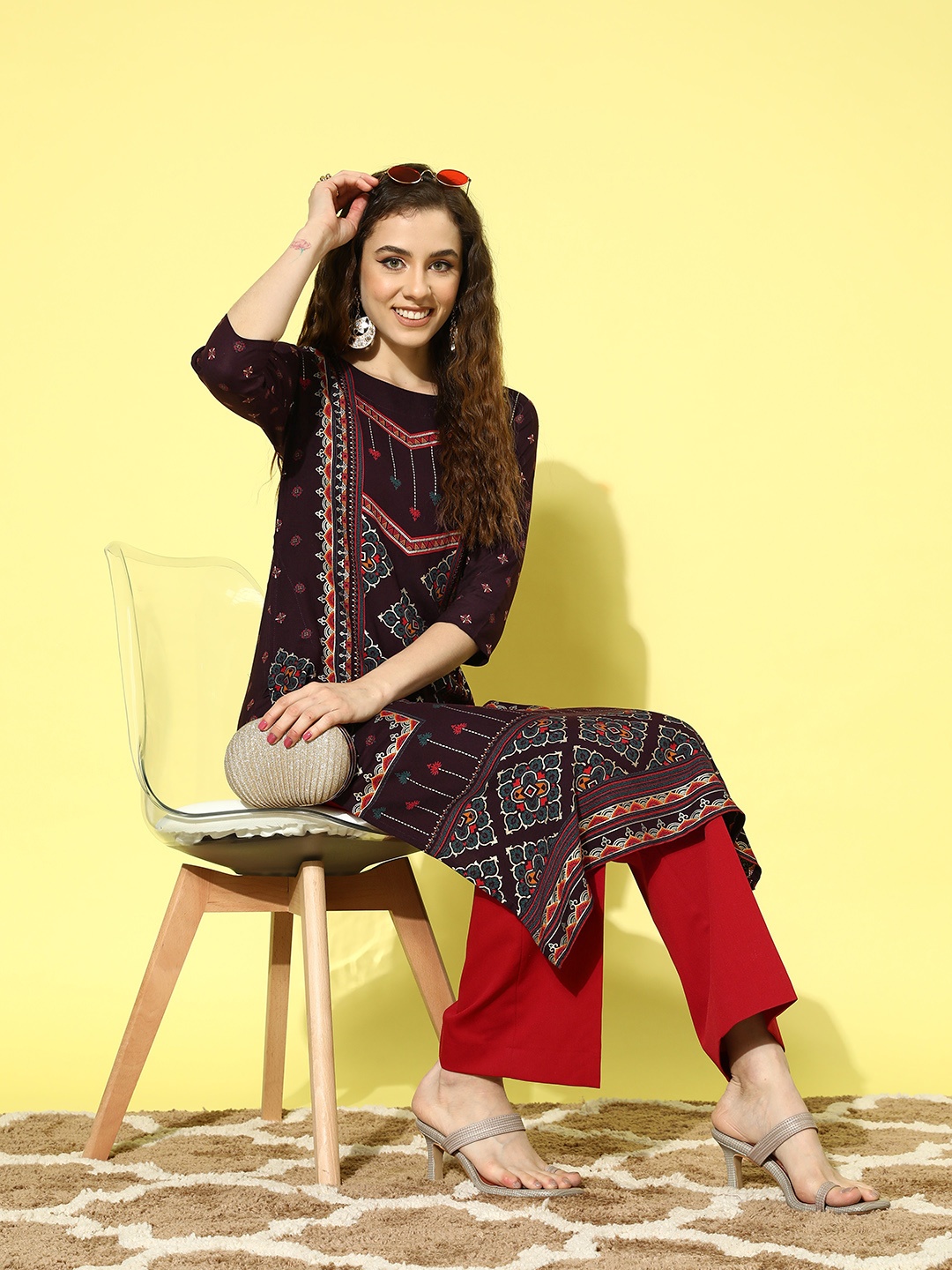 

all about you Women Ethnic Motifs Printed Kurta, Burgundy