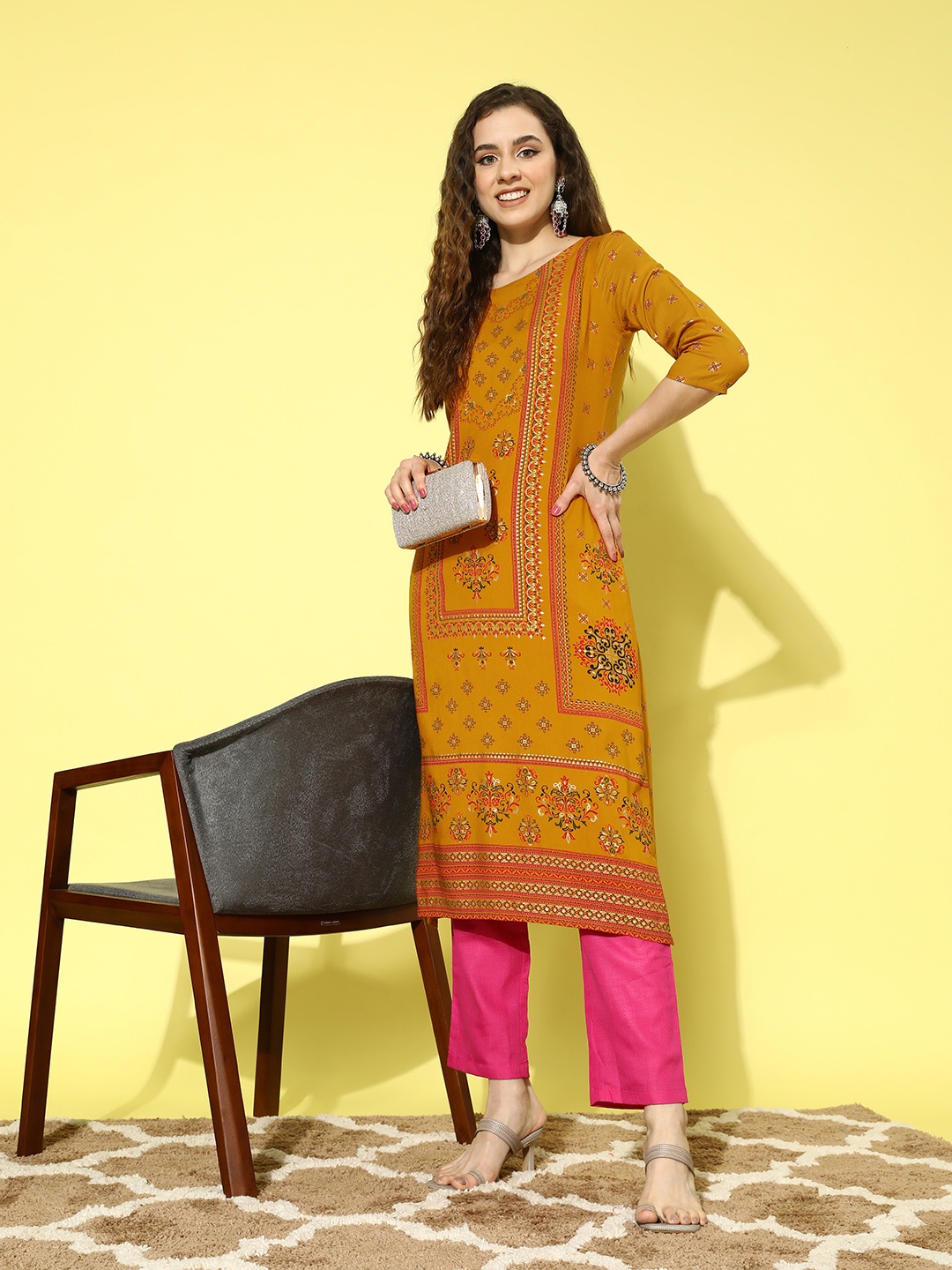 

all about you Women Ethnic Motifs Printed Kurta, Mustard