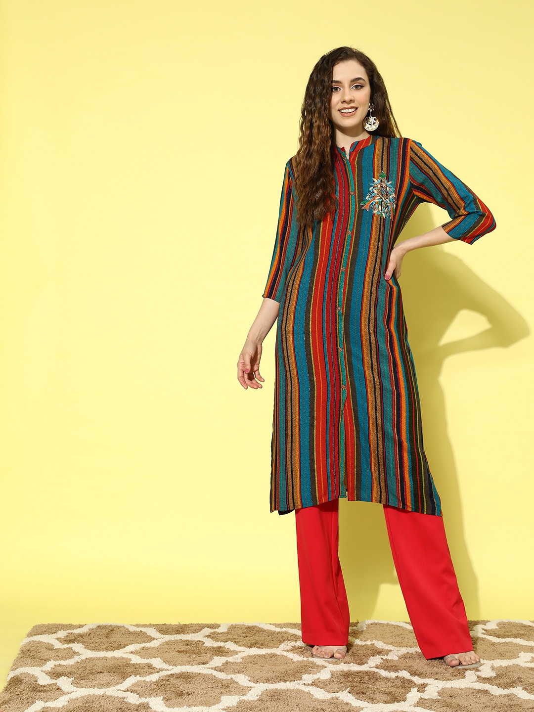 

all about you Women Striped Liva Kurta, Turquoise blue