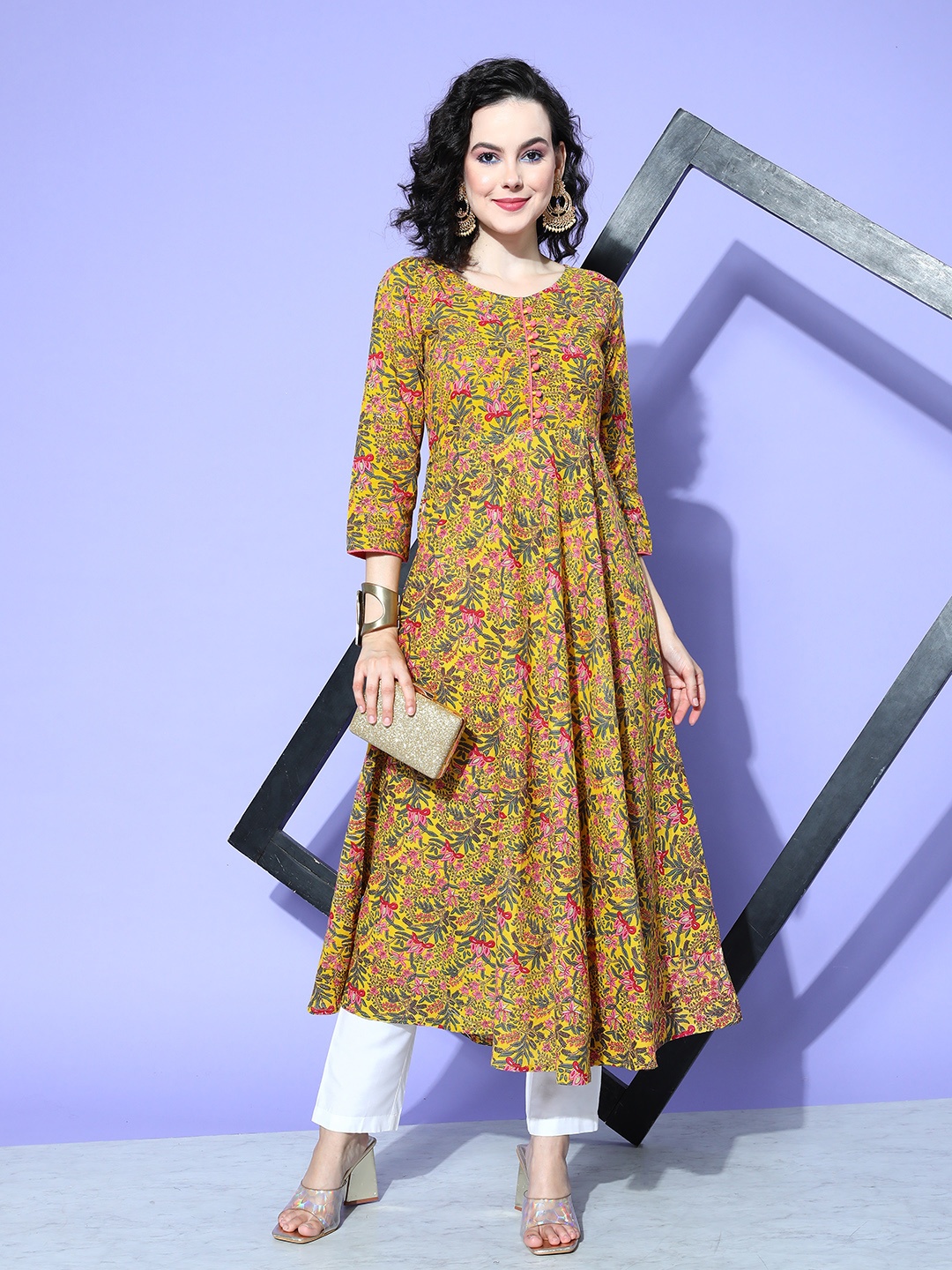 

all about you Women Floral Printed Kurta, Yellow