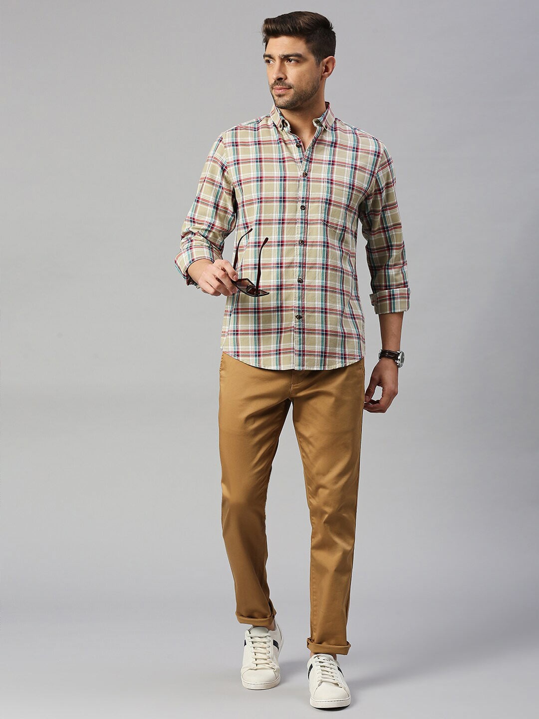 

Mast & Harbour Beige Classic Tartan Checked Pure Cotton Slim Fit Casual Shirt