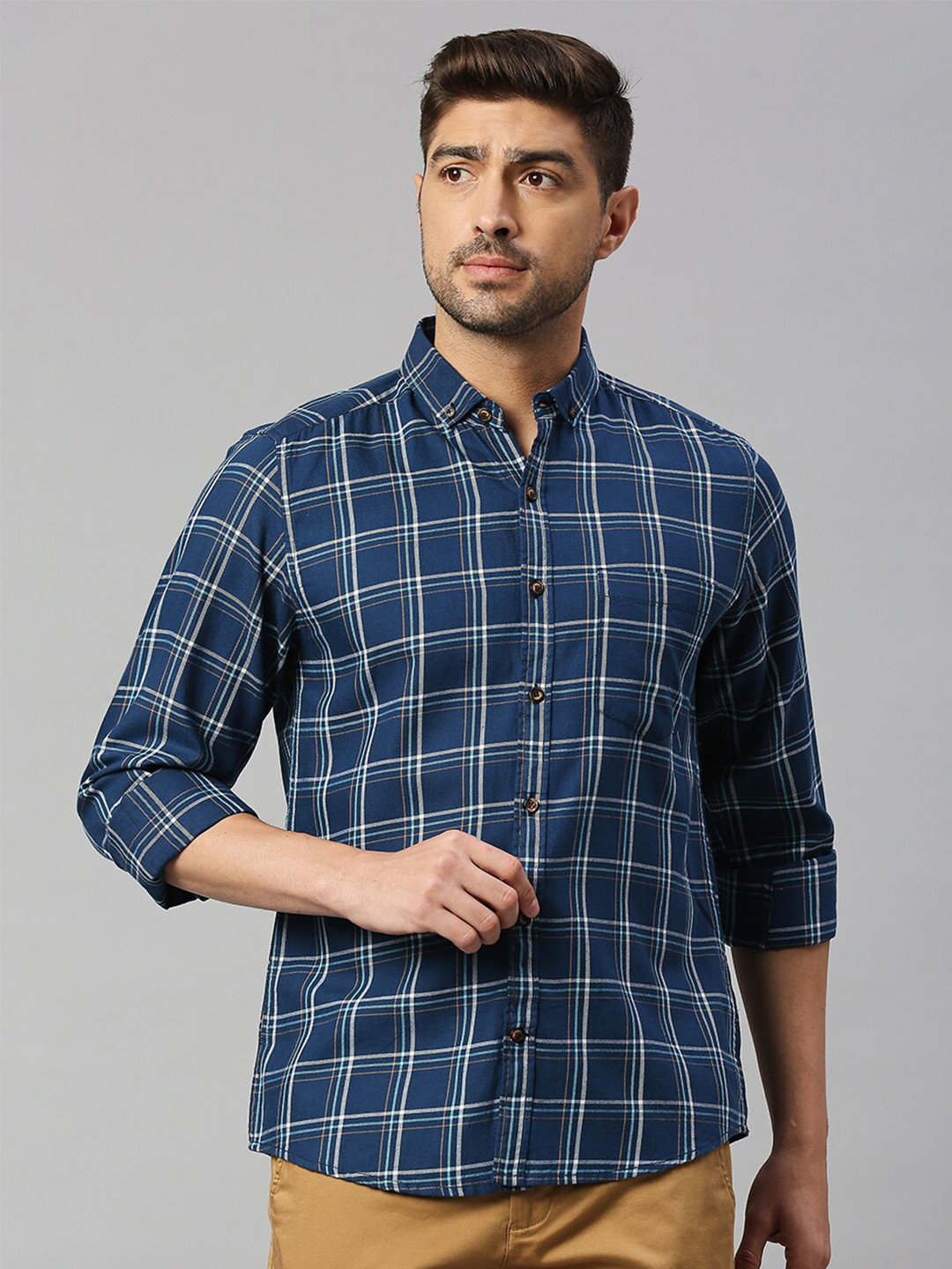 Mast & Harbour Navy Blue Classic Grid Tattersall Checked Cotton Slim Fit Casual Shirt
