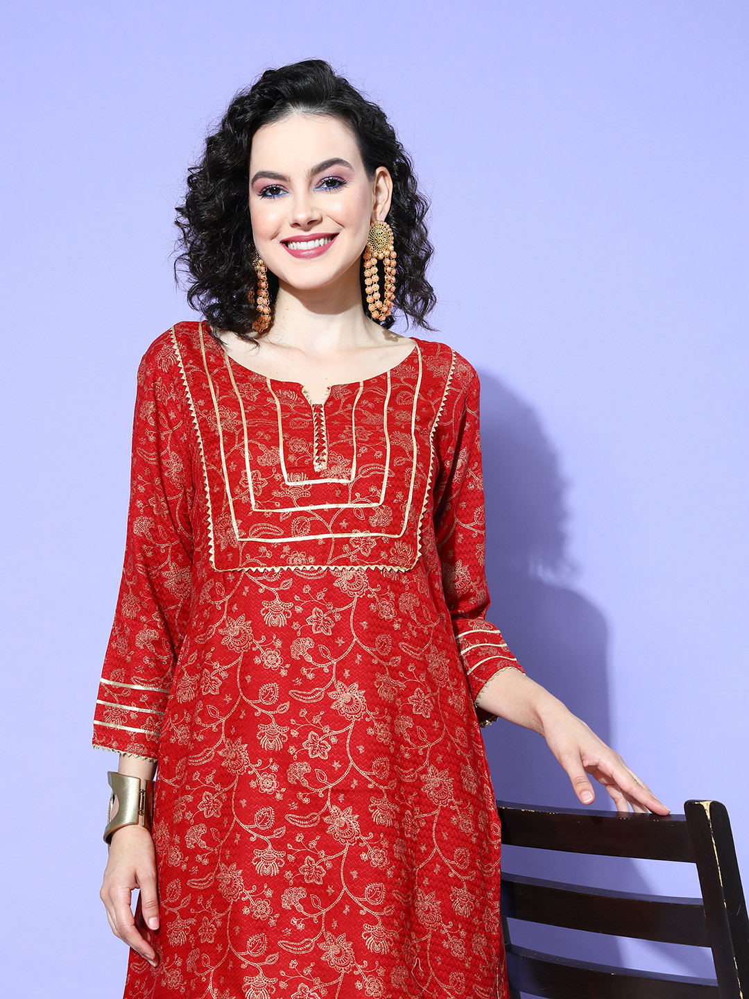 

all about you Floral Printed Gotta Patti Liva Kurti, Maroon