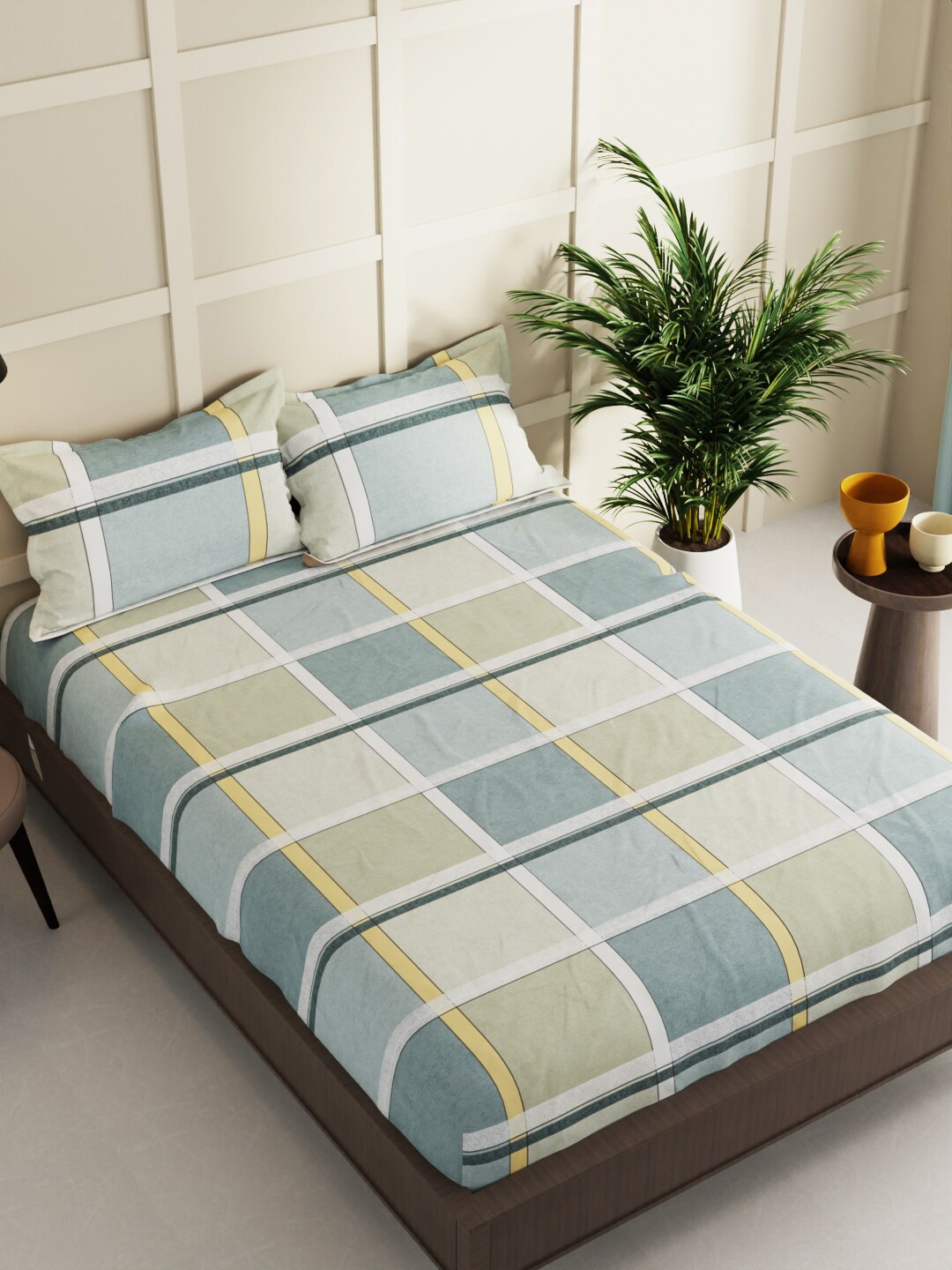 

BIANCA La-Vogue Blue & Mustard Geometric Printed 152 TC Queen Bedsheet & 2 Pillow Covers