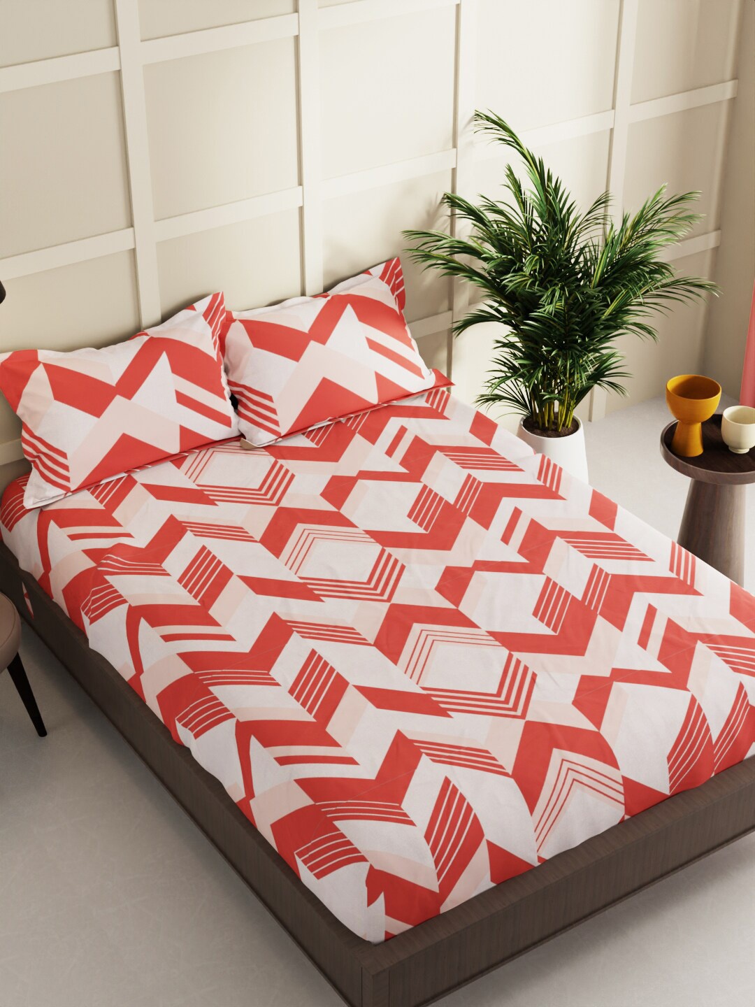 

BIANCA La-Vogue Coral & Pink Geometric Printed 152 TC Queen Bedsheet & 2 Pillow Covers