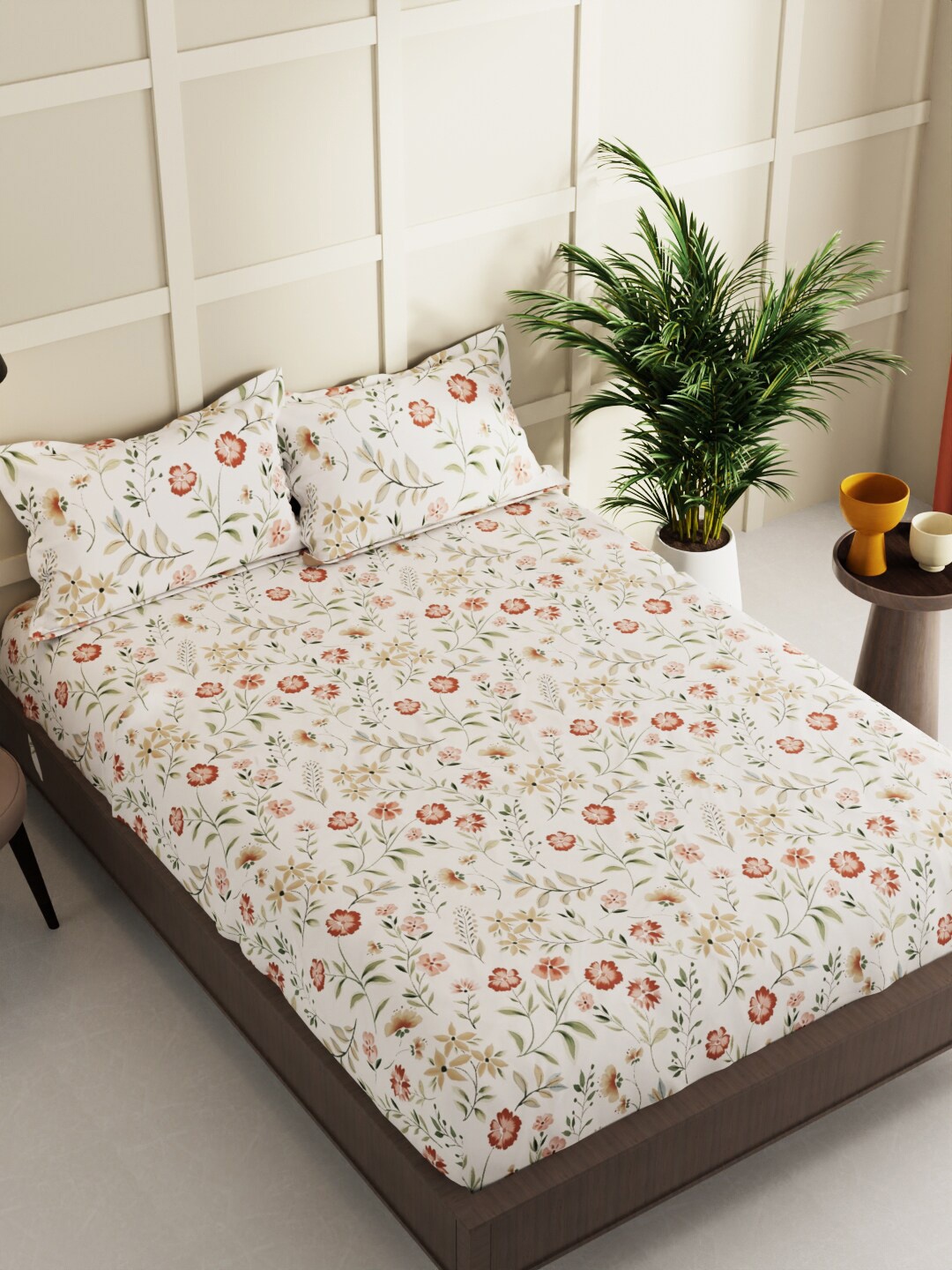 

BIANCA LA-VOGUE Beige & Green Floral 152 TC Queen Bedsheet With 2 Pillow Covers