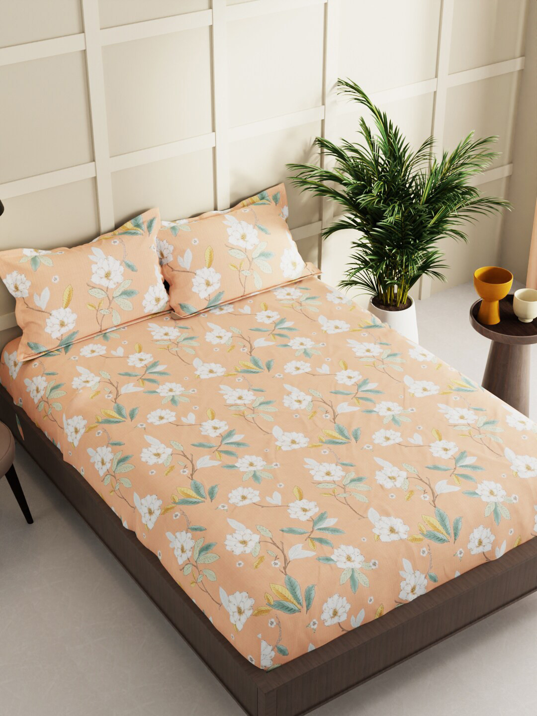 

BIANCA LA-VOGUE Orange & Green Floral Printed 152 TC Queen Bedsheet With 2 Pillow Covers