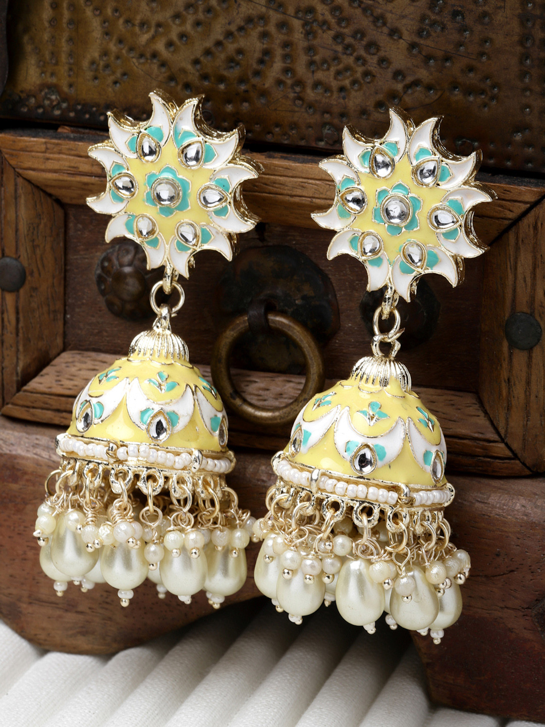 ZENEME Gold Plated Pearl Beaded Half Moon Shaped Meenakari Earrings