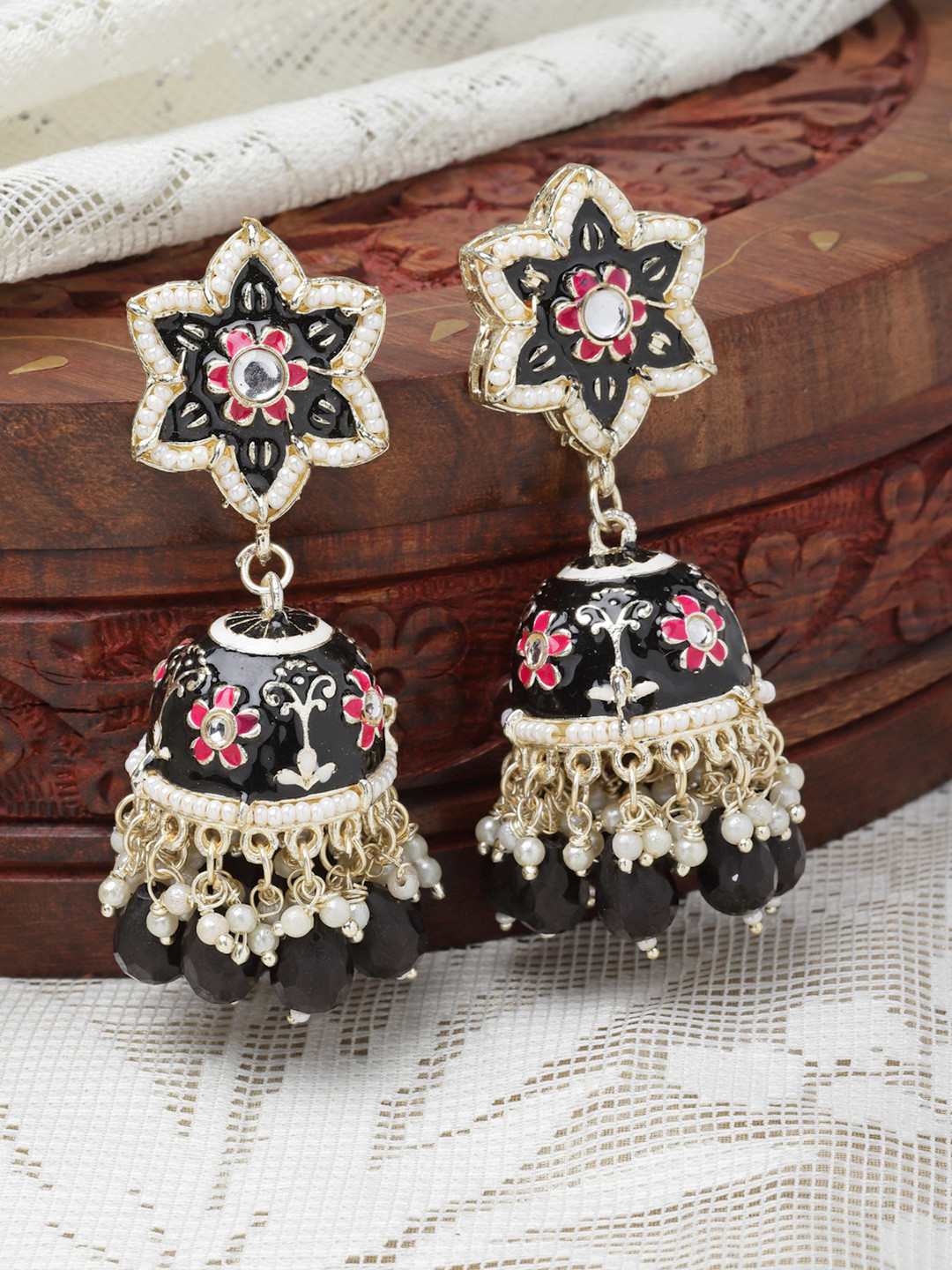 ZENEME Gold-Plated Meenakari Jhumka Earrings