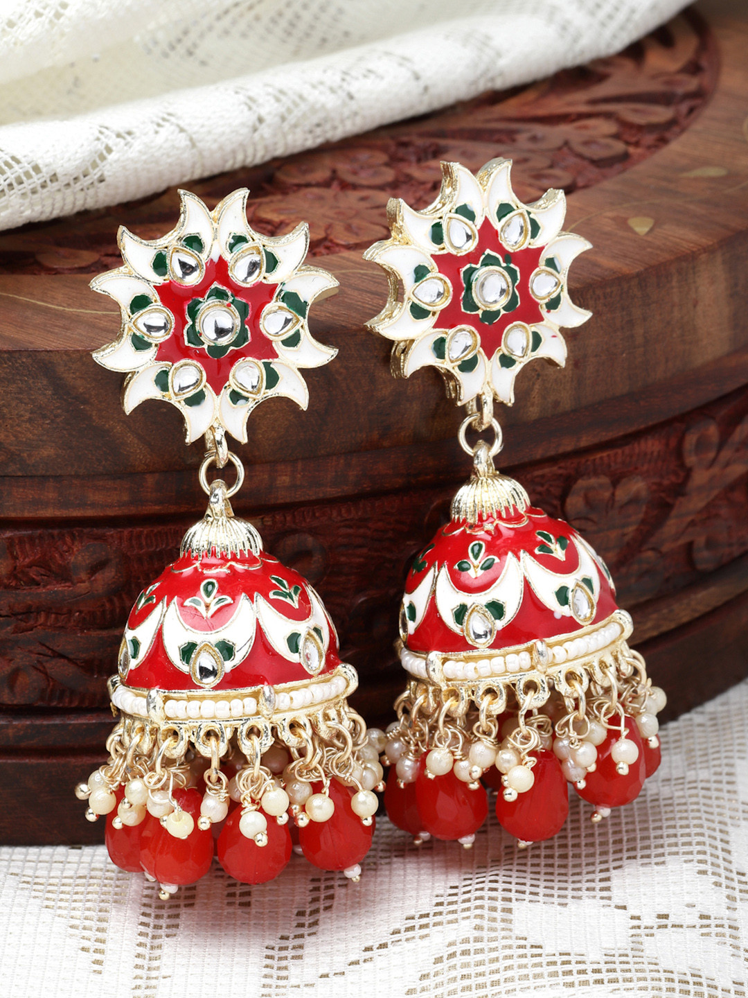 ZENEME Gold Plated Pearl Beaded Half Moon Shaped Meenakari Earrings