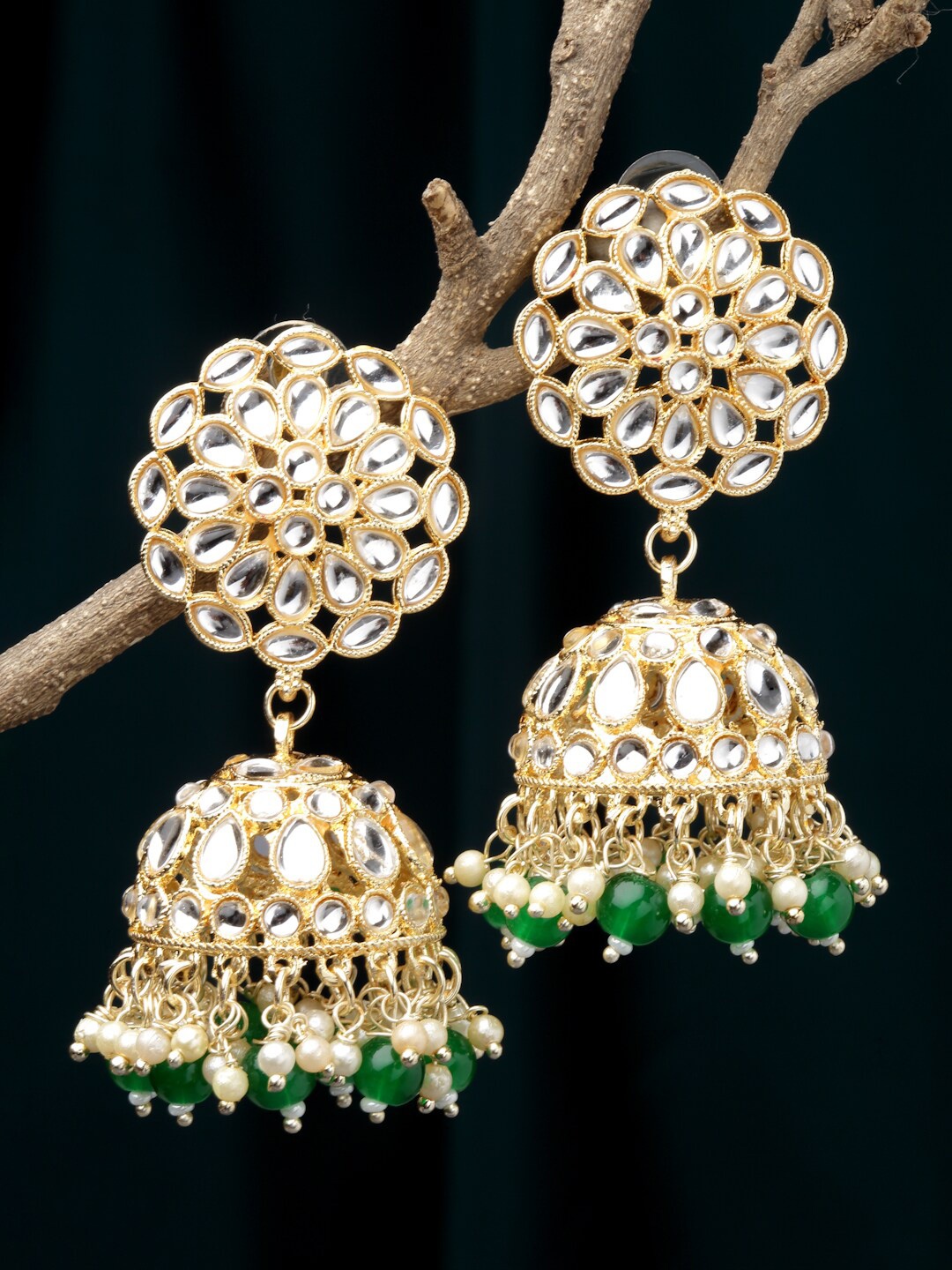 

ZENEME Gold-Plated Dome Shaped Kundan Studded Jhumkas