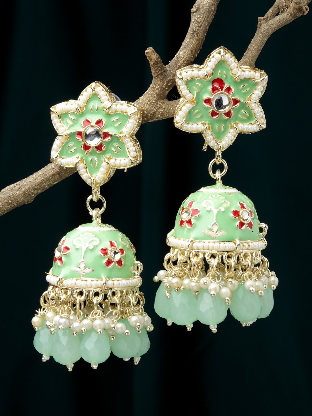 

ZENEME Gold-Plated Dome Shaped Kundan Studded Jhumkas