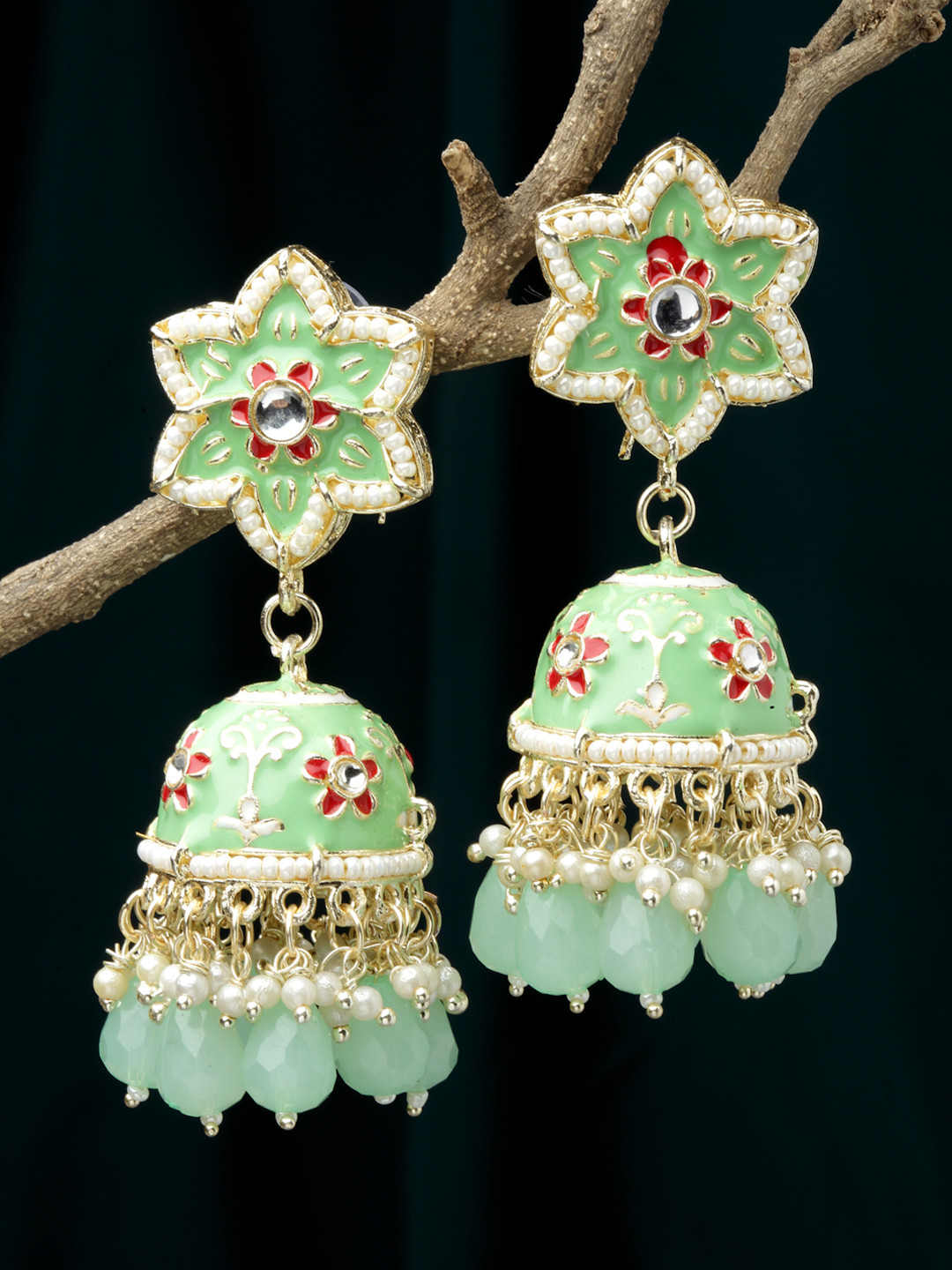 ZENEME Gold-Plated Meenakari Floral Jhumka Earrings