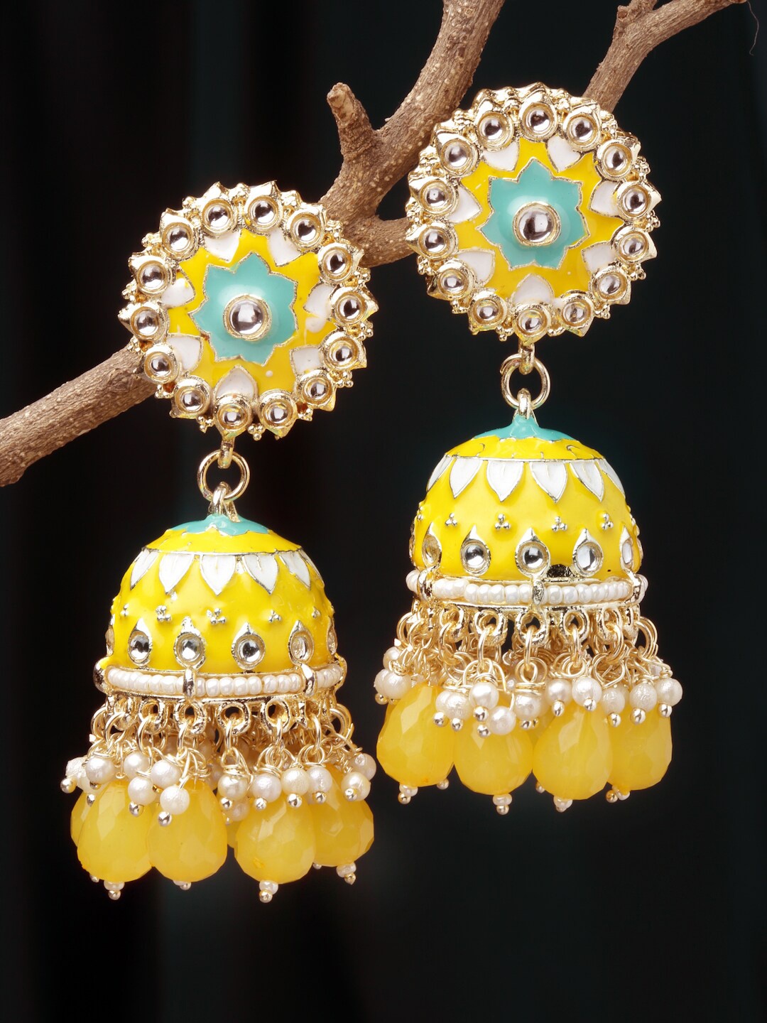 

ZENEME Gold-Plated Dome Shaped Kundan Studded Jhumkas