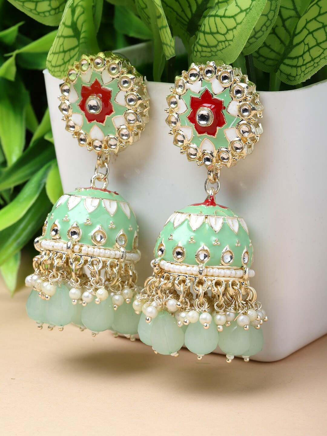 

ZENEME Gold-Plated Dome Shaped Kundan Studded Jhumkas