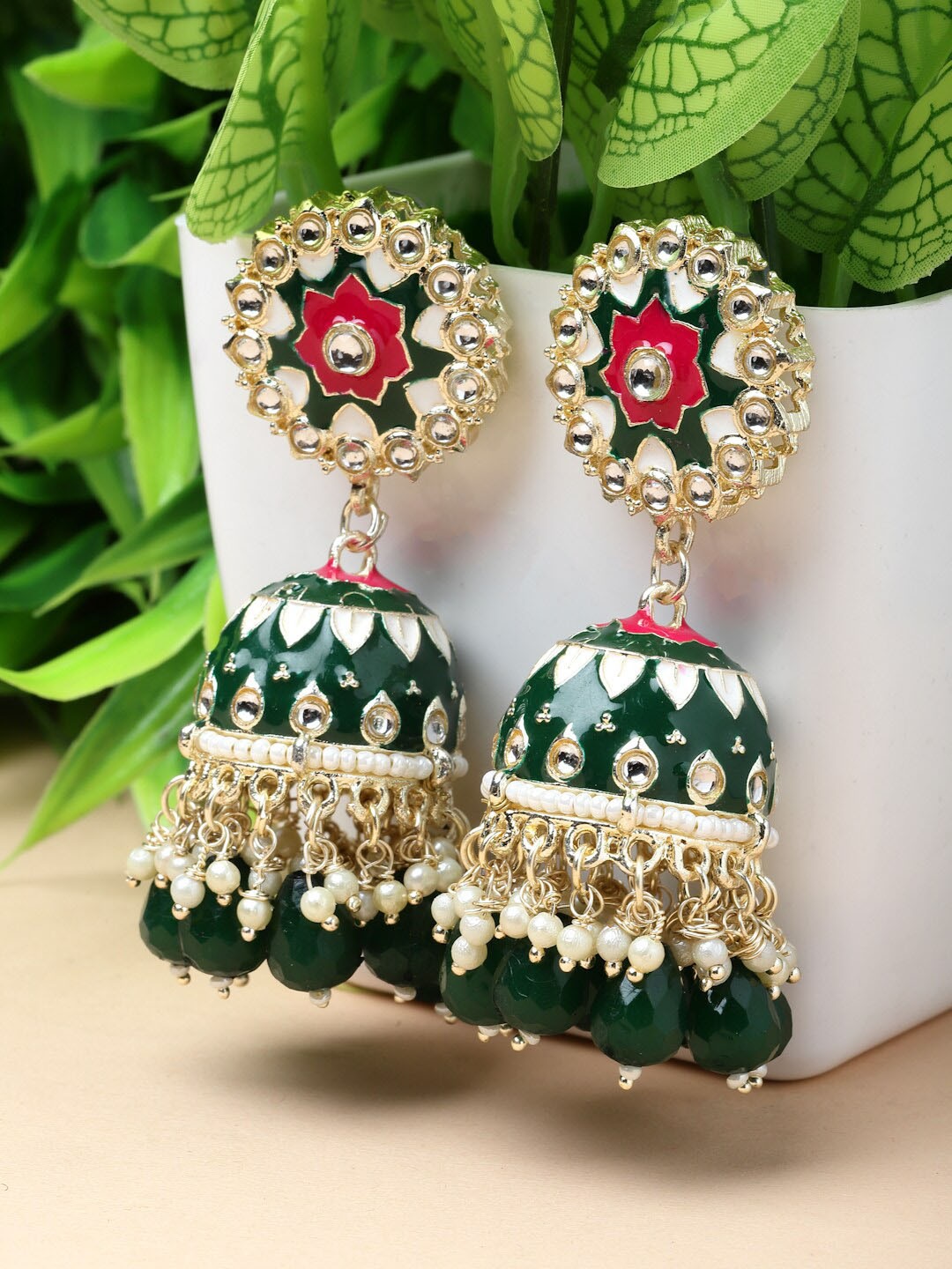 

ZENEME Gold-Plated Dome Shaped Kundan Jhumkas