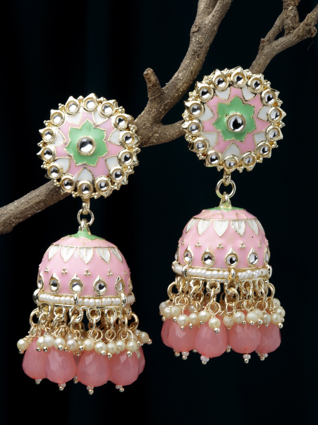 

ZENEME Gold-Plated Dome Shaped Kundan Studded Jhumkas