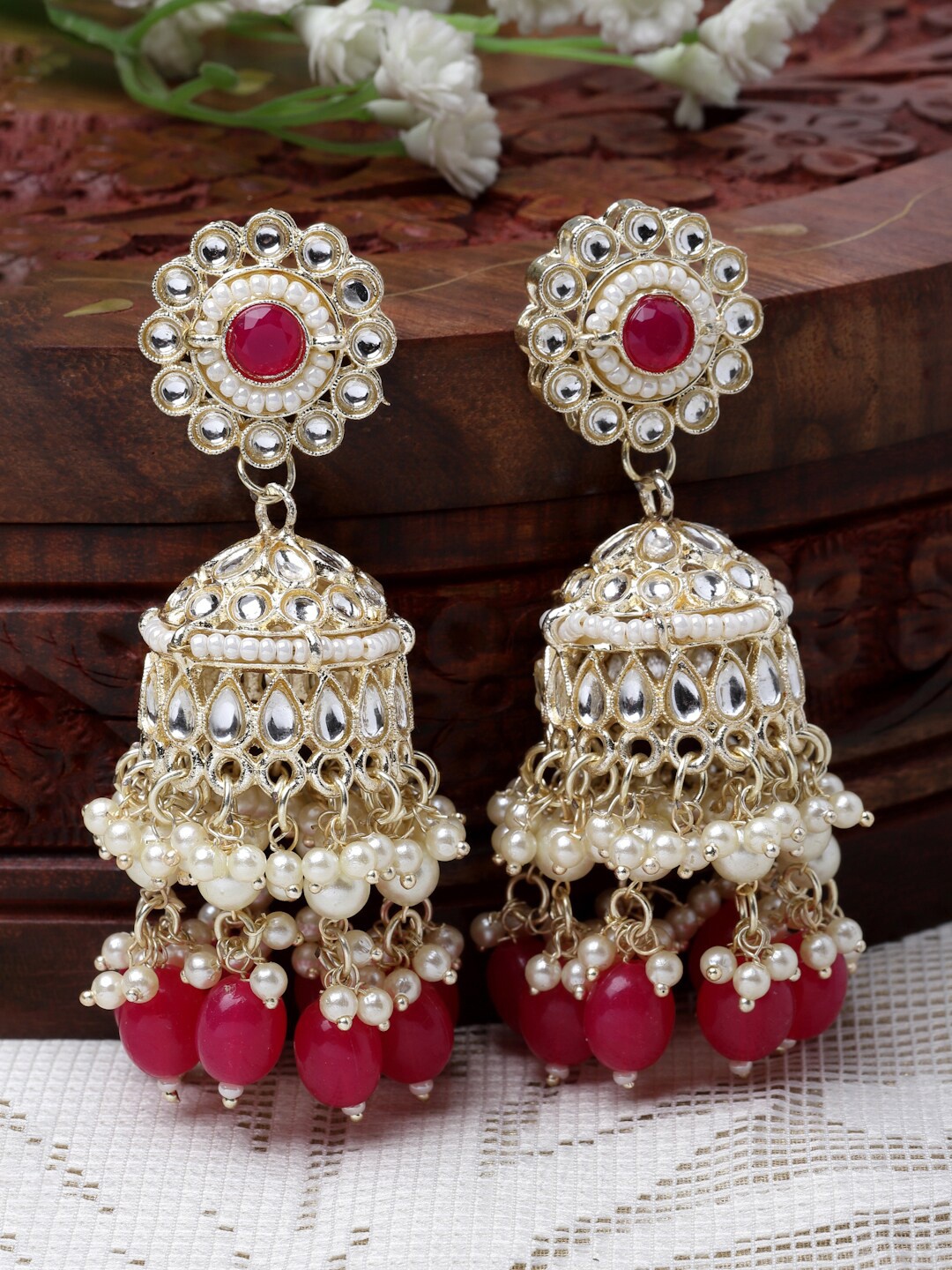 

ZENEME Gold-Plated Dome Shaped Kundan Studded Jhumkas