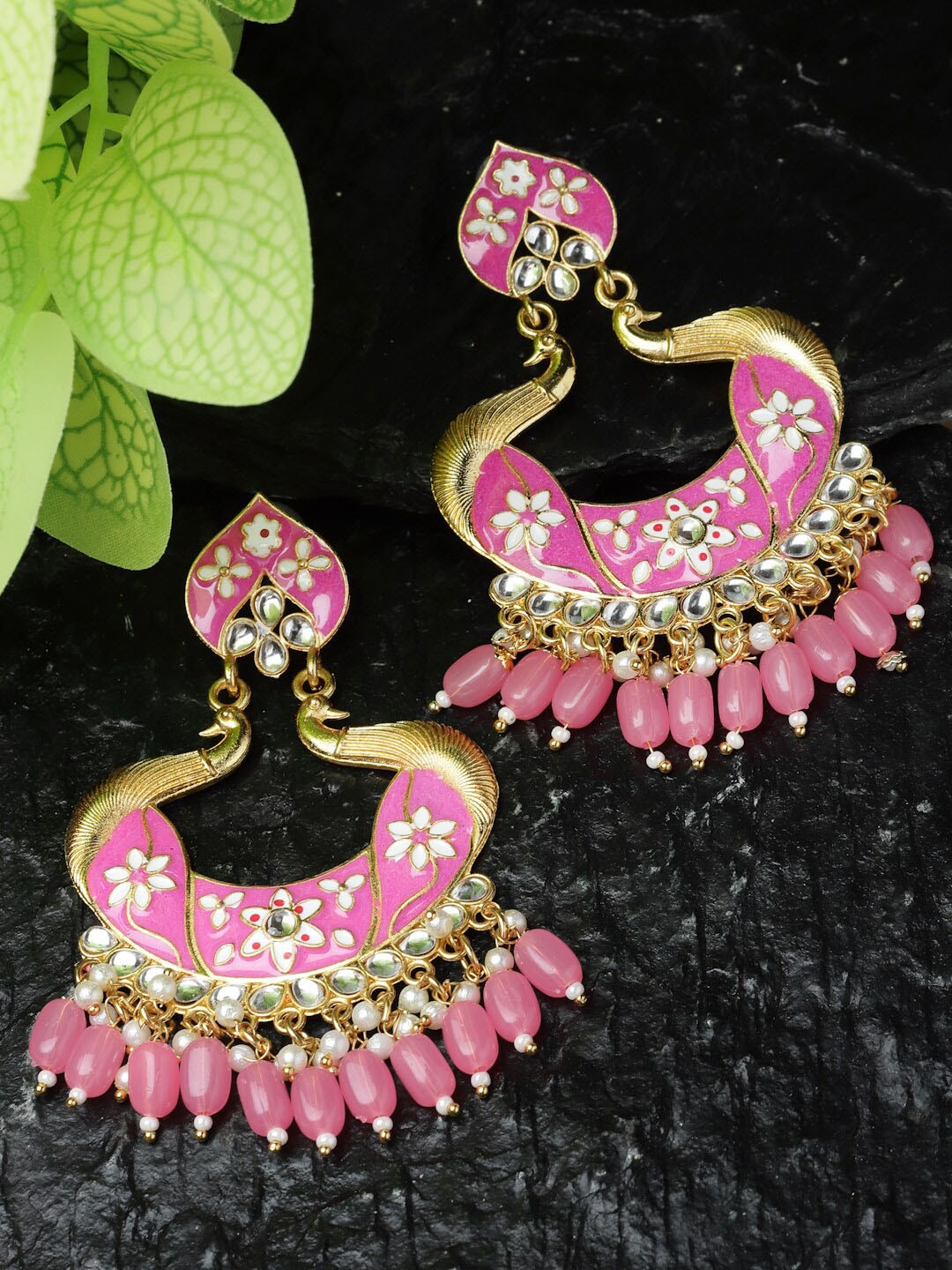 

ZENEME Gold-Plated Peacock Shaped Kundan Studded Drop Earrings