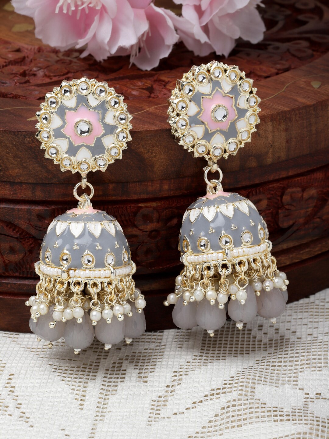 

ZENEME Gold-Plated Meenakari Jhumkas Earrings
