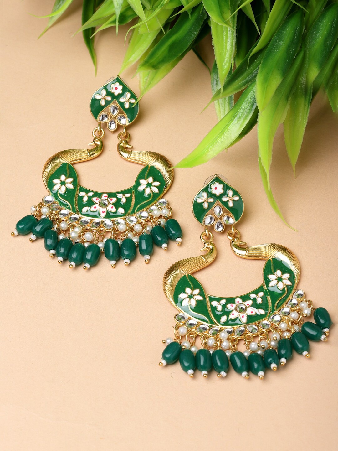 

ZENEME Gold-Plated Peacock Shaped Chandbalis Earrings
