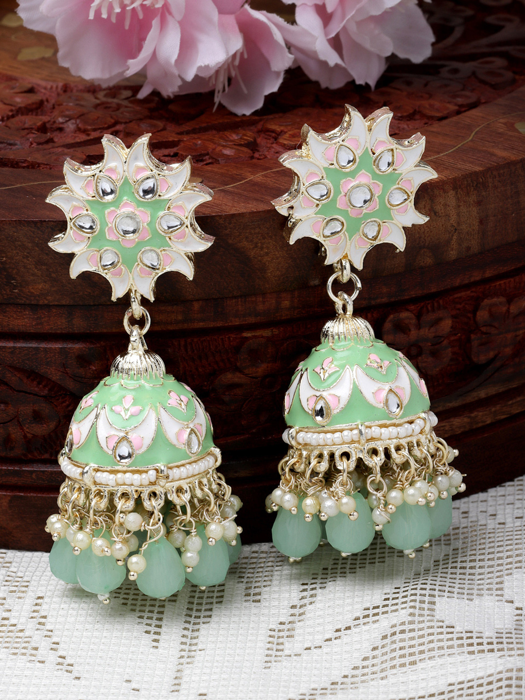 ZENEME Gold Plated Pearl Beaded Half Moon Shaped Meenakari Earrings