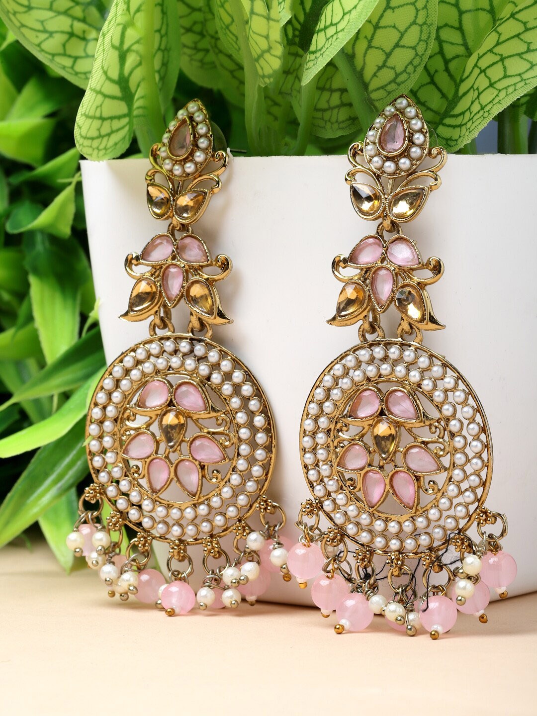 

ZENEME Gold-Plated Classic Kundan Drop Earrings