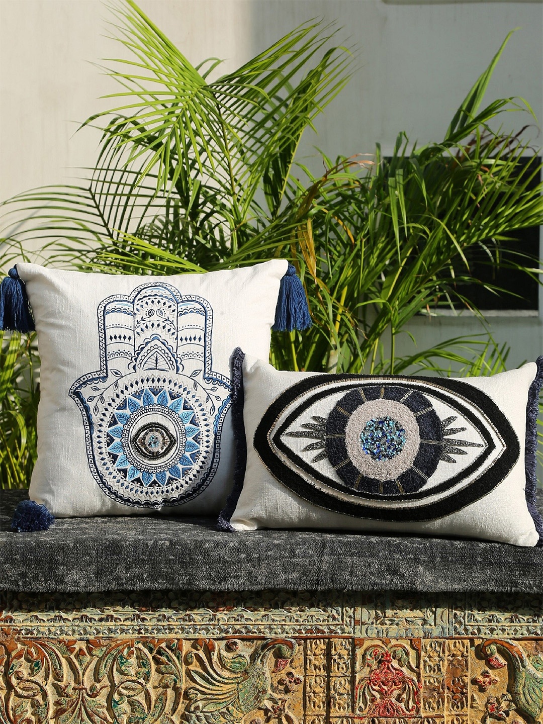 

Amoliconcepts Stroke of Luck White Embellished Evil Eye Rectangle Cotton Cushion Cover