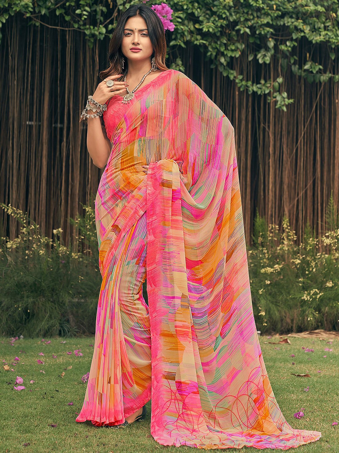 

Kasak Printed Pure Georgette Saree, Pink