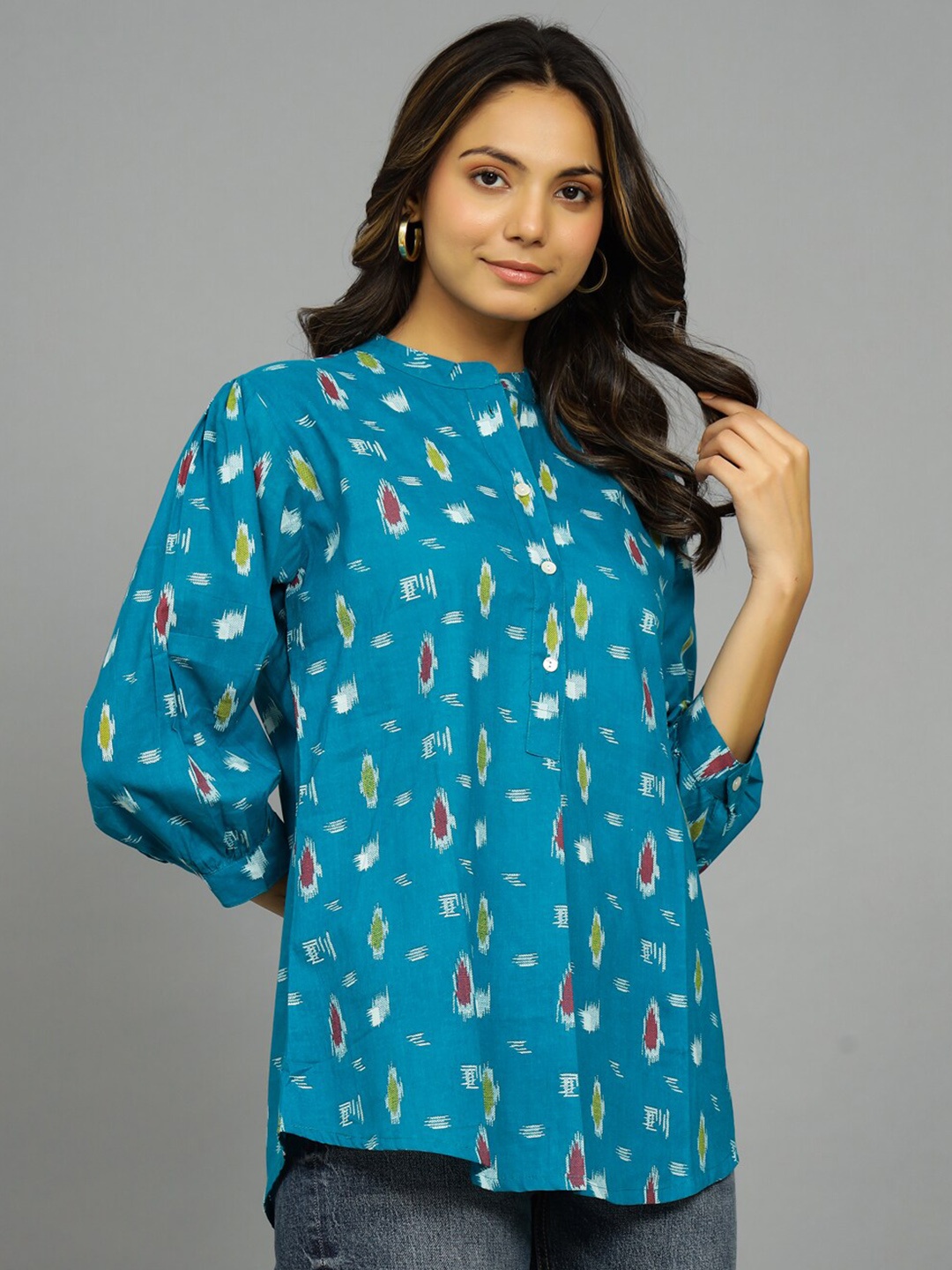 

HANDICRAFT PALACE Abstract Printed Mandarin Collar Pure Cotton Tunics, Teal