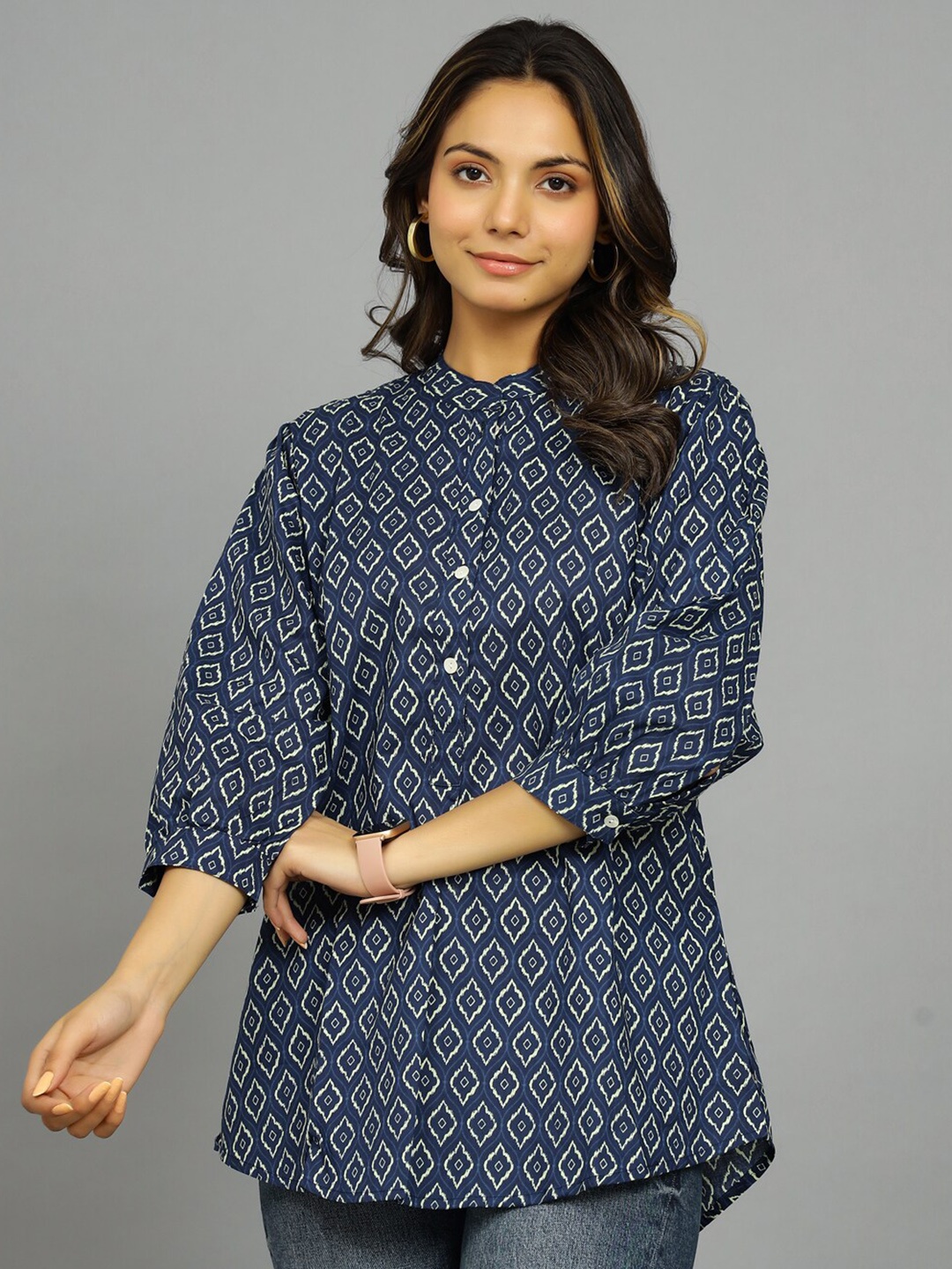 

HANDICRAFT PALACE Ethnic Motifs Printed Mandarin Collar Pure Cotton A-Line Top, Navy blue